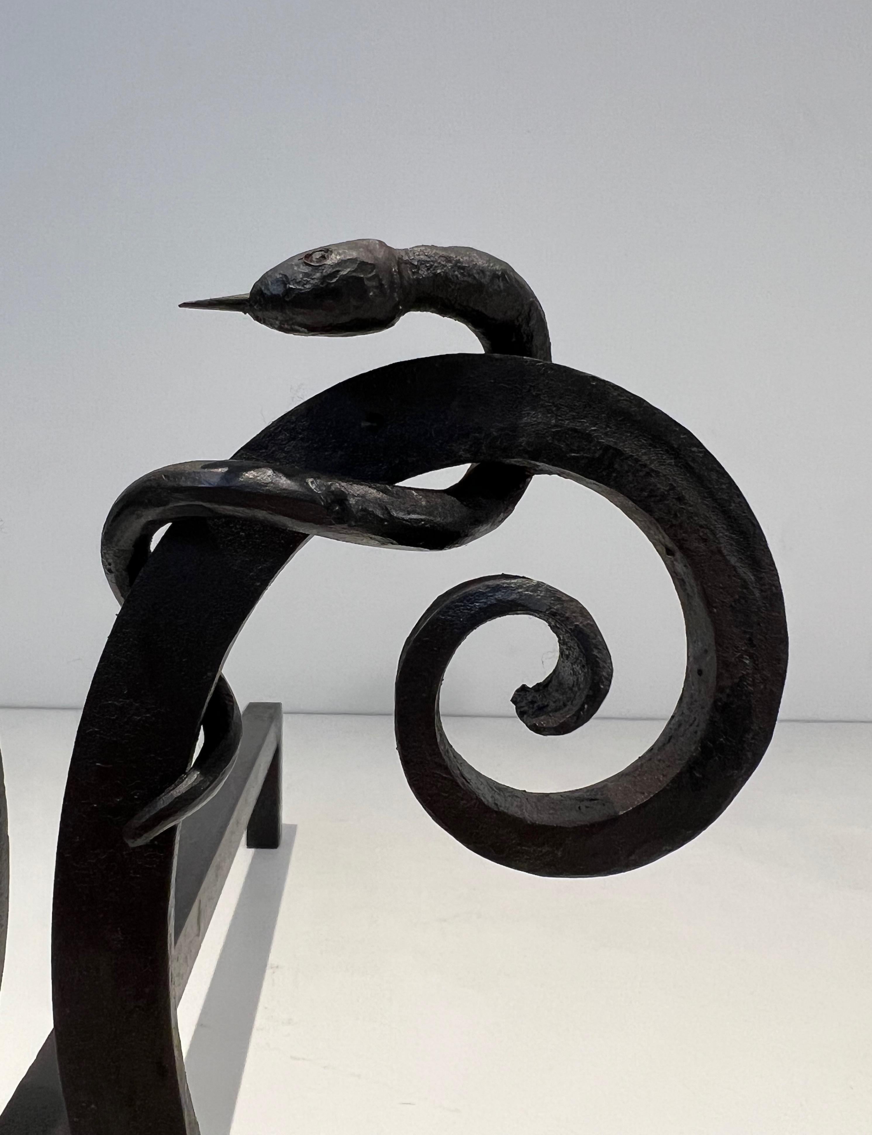 Pair of wrought iron andirons with Snakes in the style of Edgar Brandt For Sale 3