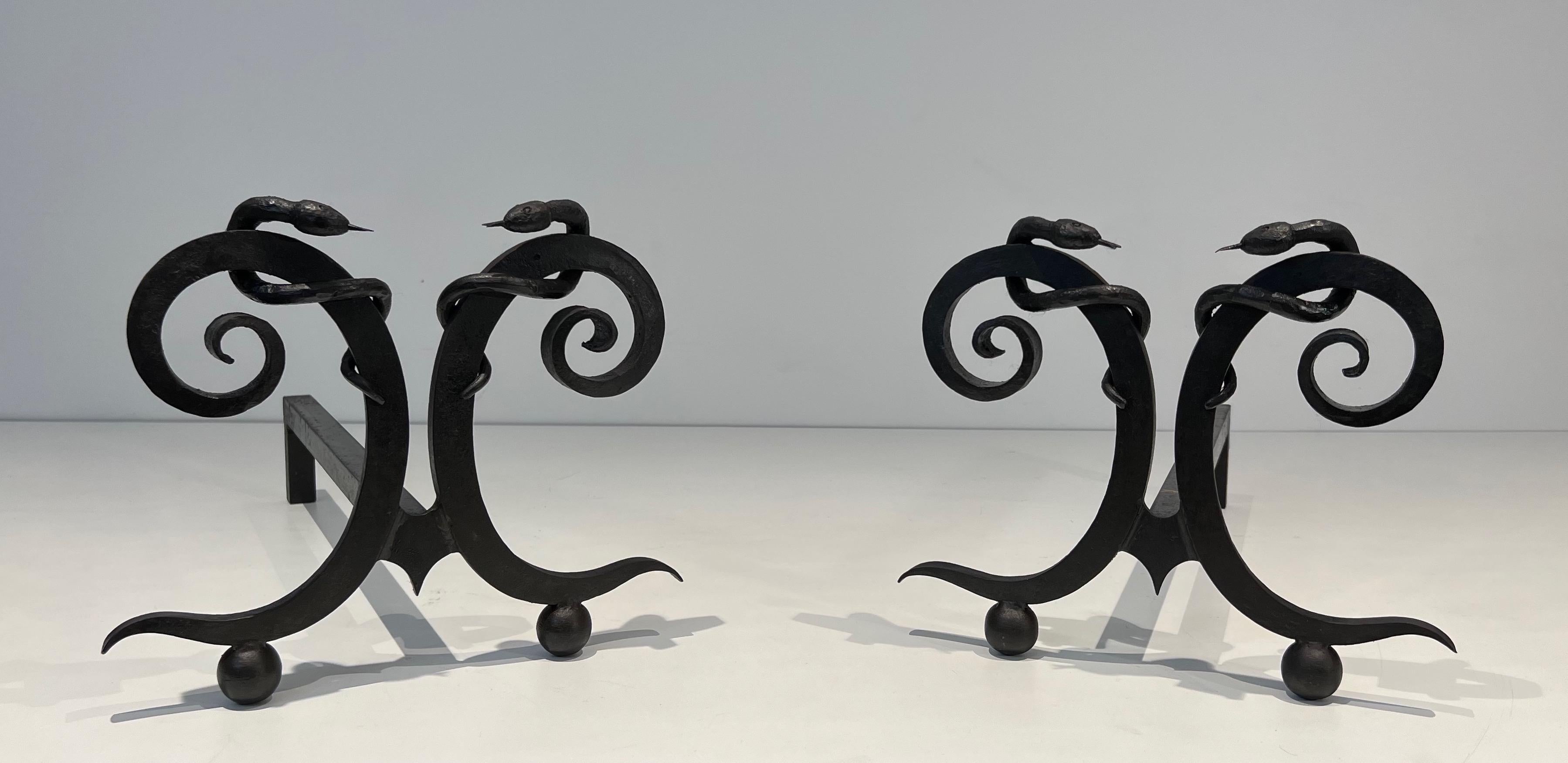 Pair of wrought iron andirons with Snakes in the style of Edgar Brandt For Sale 5
