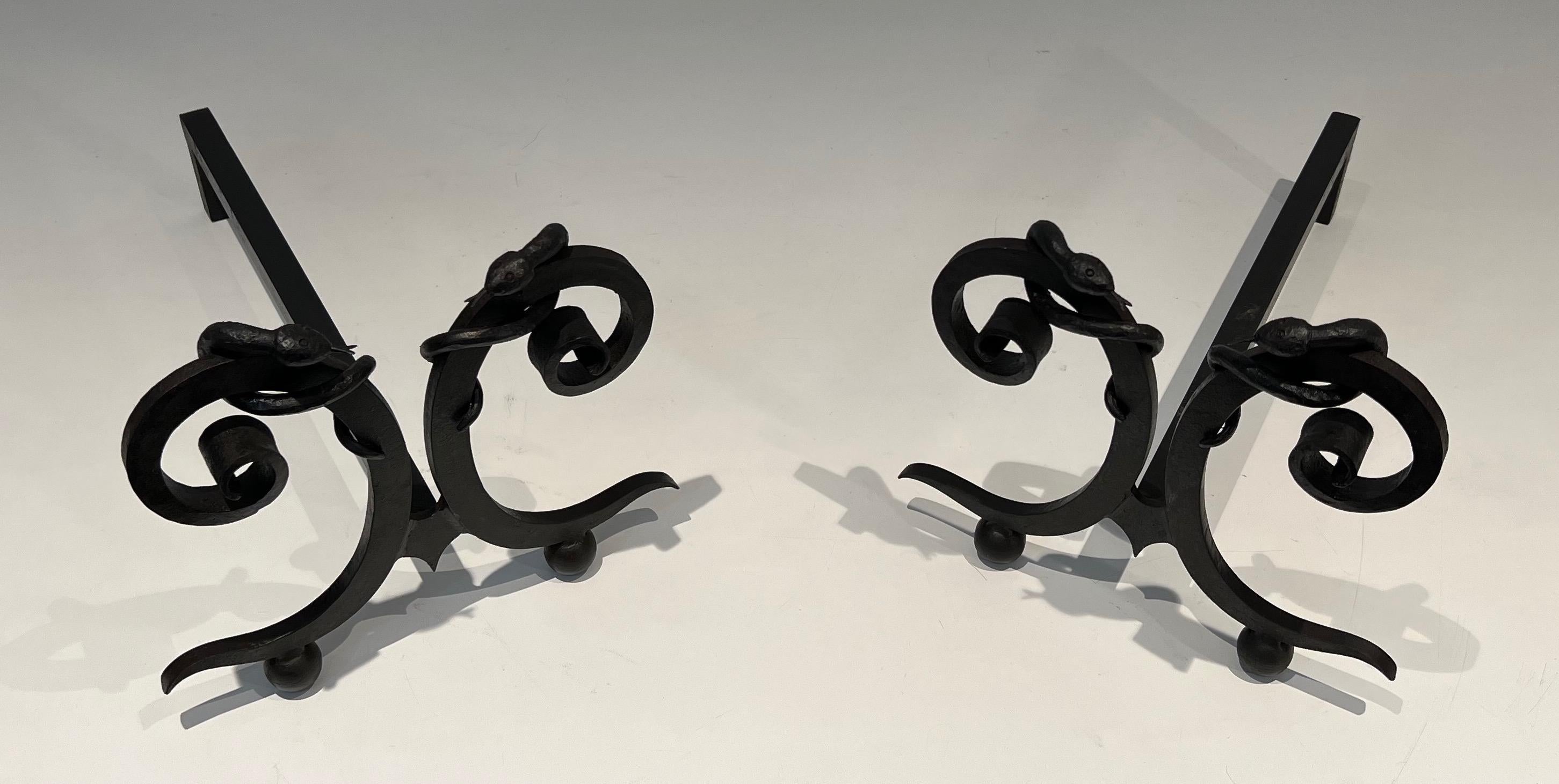Pair of wrought iron andirons with Snakes in the style of Edgar Brandt For Sale 6