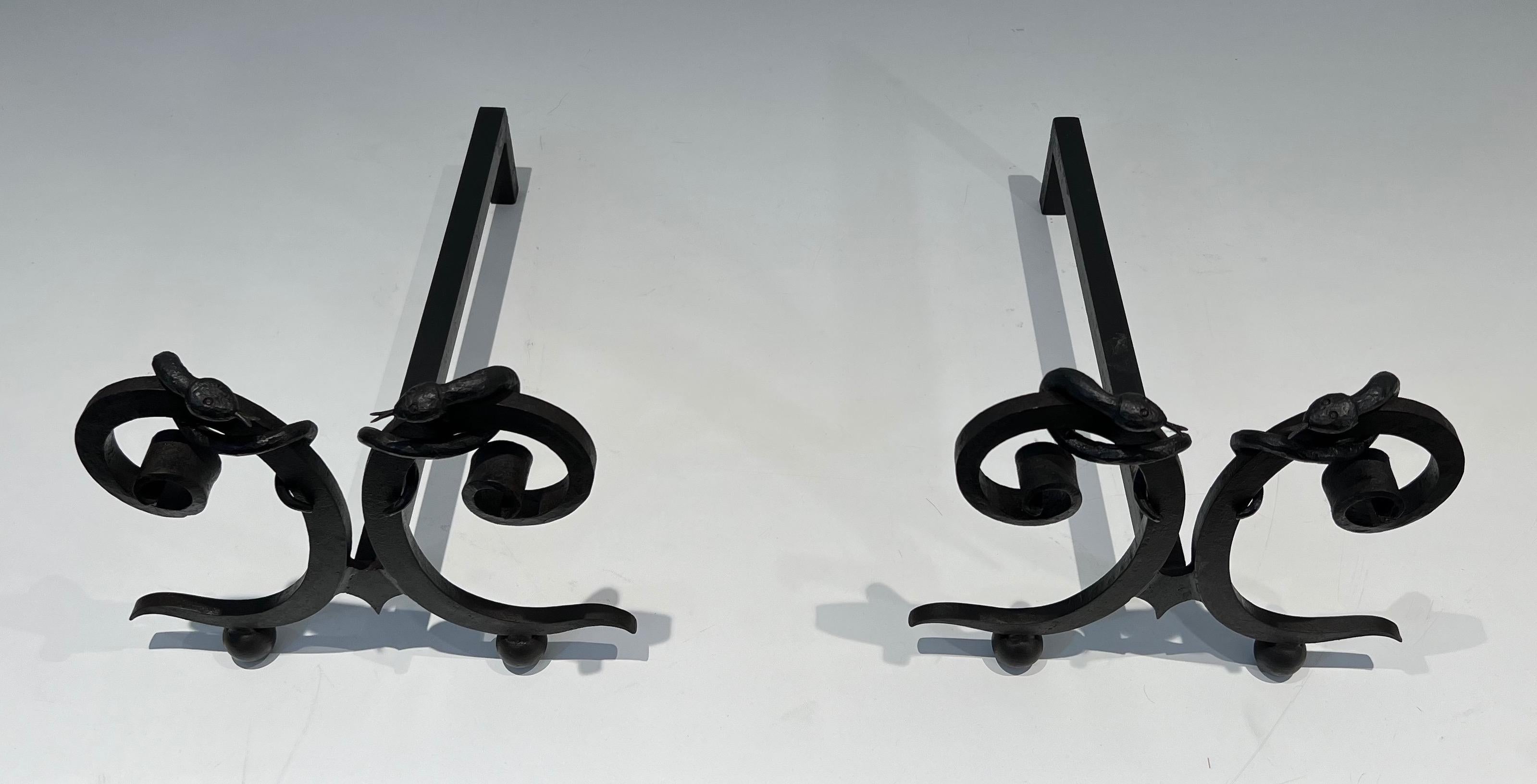 Pair of wrought iron andirons with Snakes in the style of Edgar Brandt For Sale 7