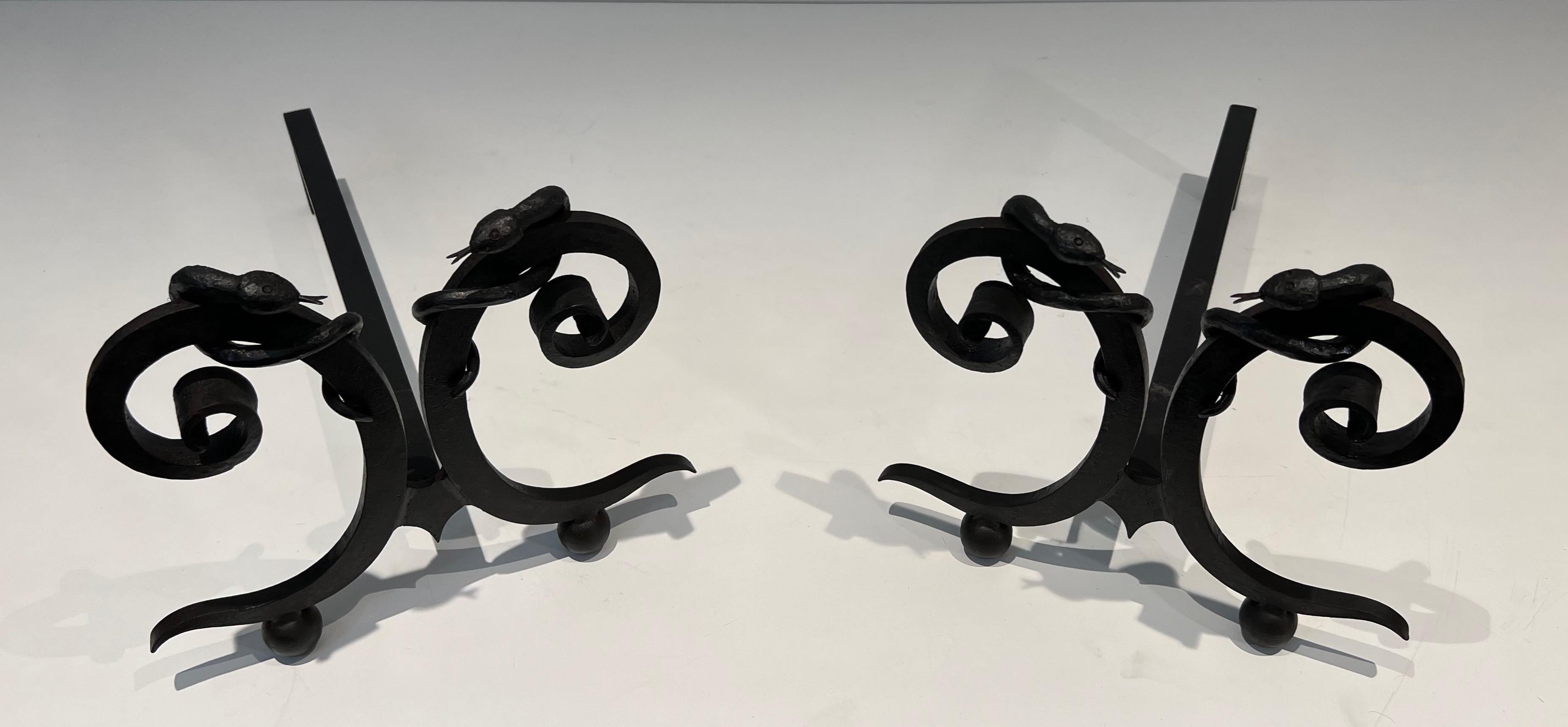 Pair of wrought iron andirons with Snakes in the style of Edgar Brandt For Sale 8