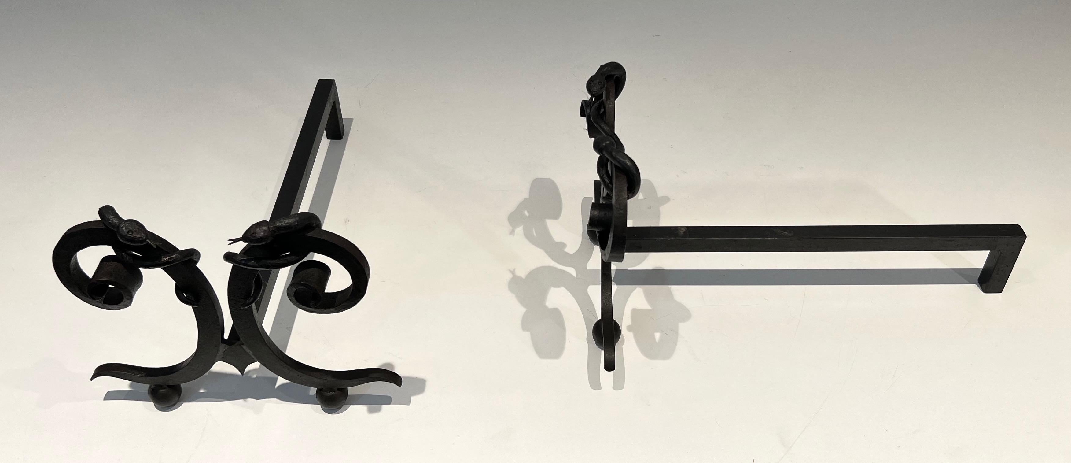 Pair of wrought iron andirons with Snakes in the style of Edgar Brandt For Sale 9