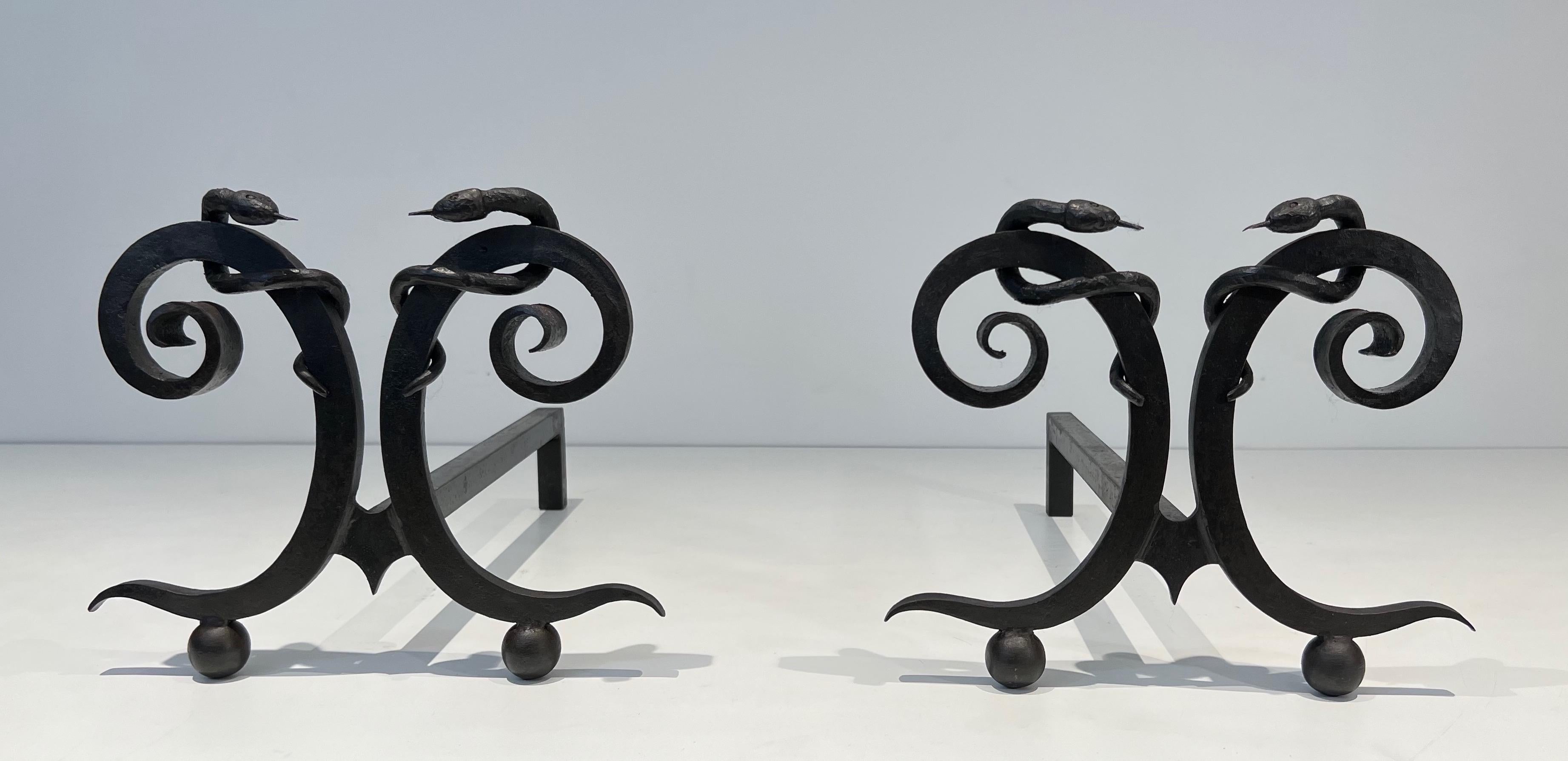 Pair of wrought iron andirons with Snakes in the style of Edgar Brandt For Sale 13