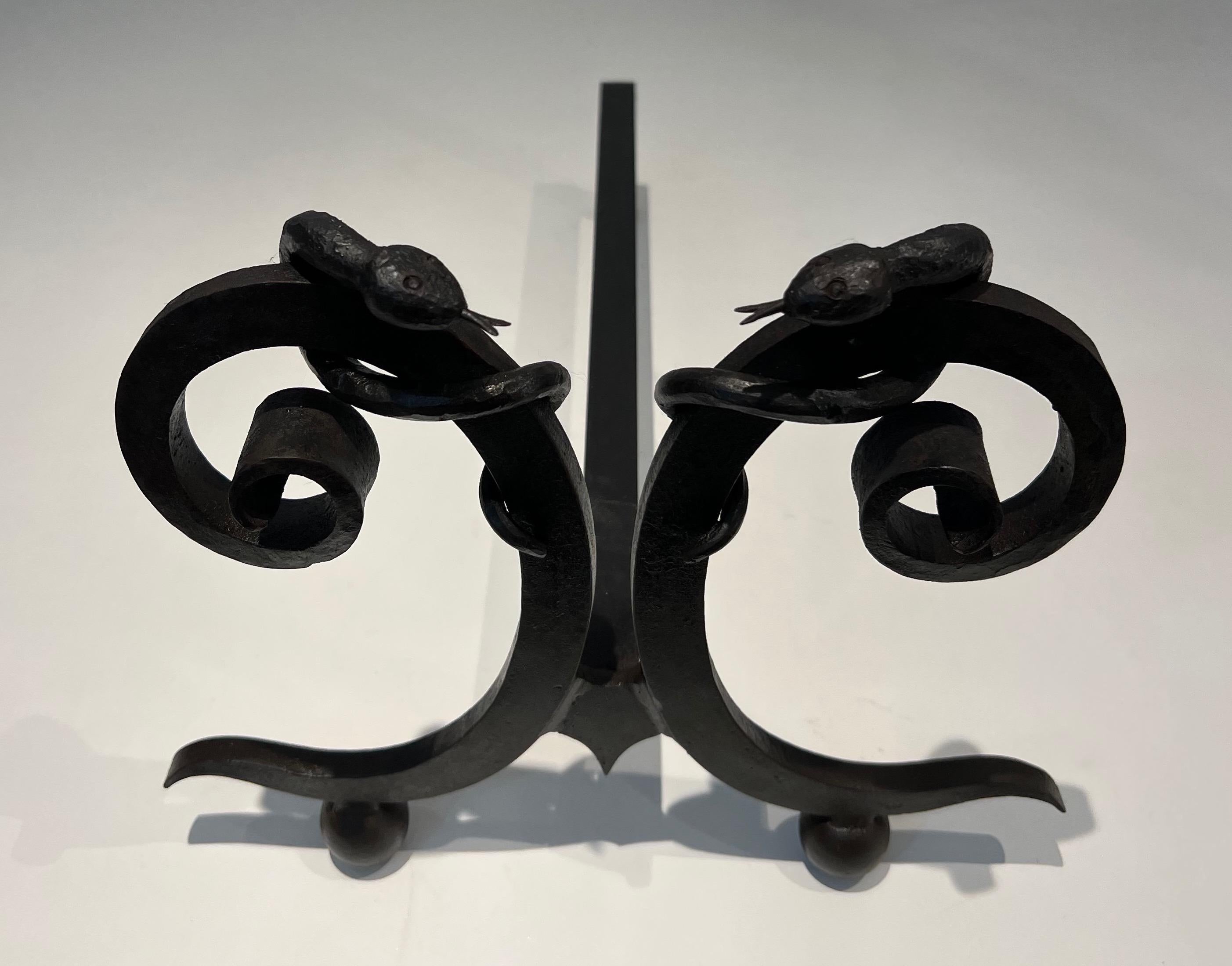 Pair of wrought iron andirons with Snakes in the style of Edgar Brandt For Sale 1