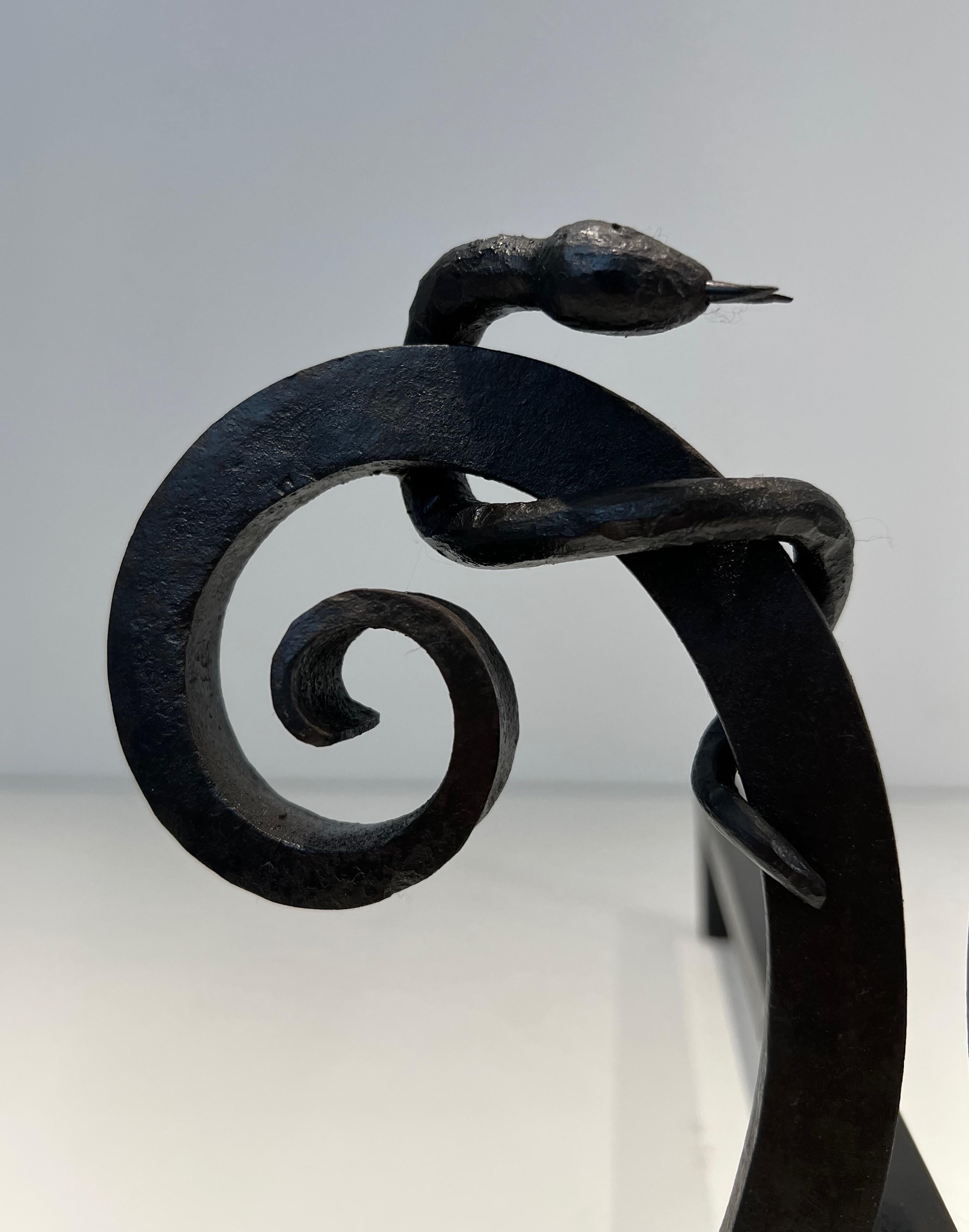 Pair of wrought iron andirons with Snakes in the style of Edgar Brandt For Sale 2