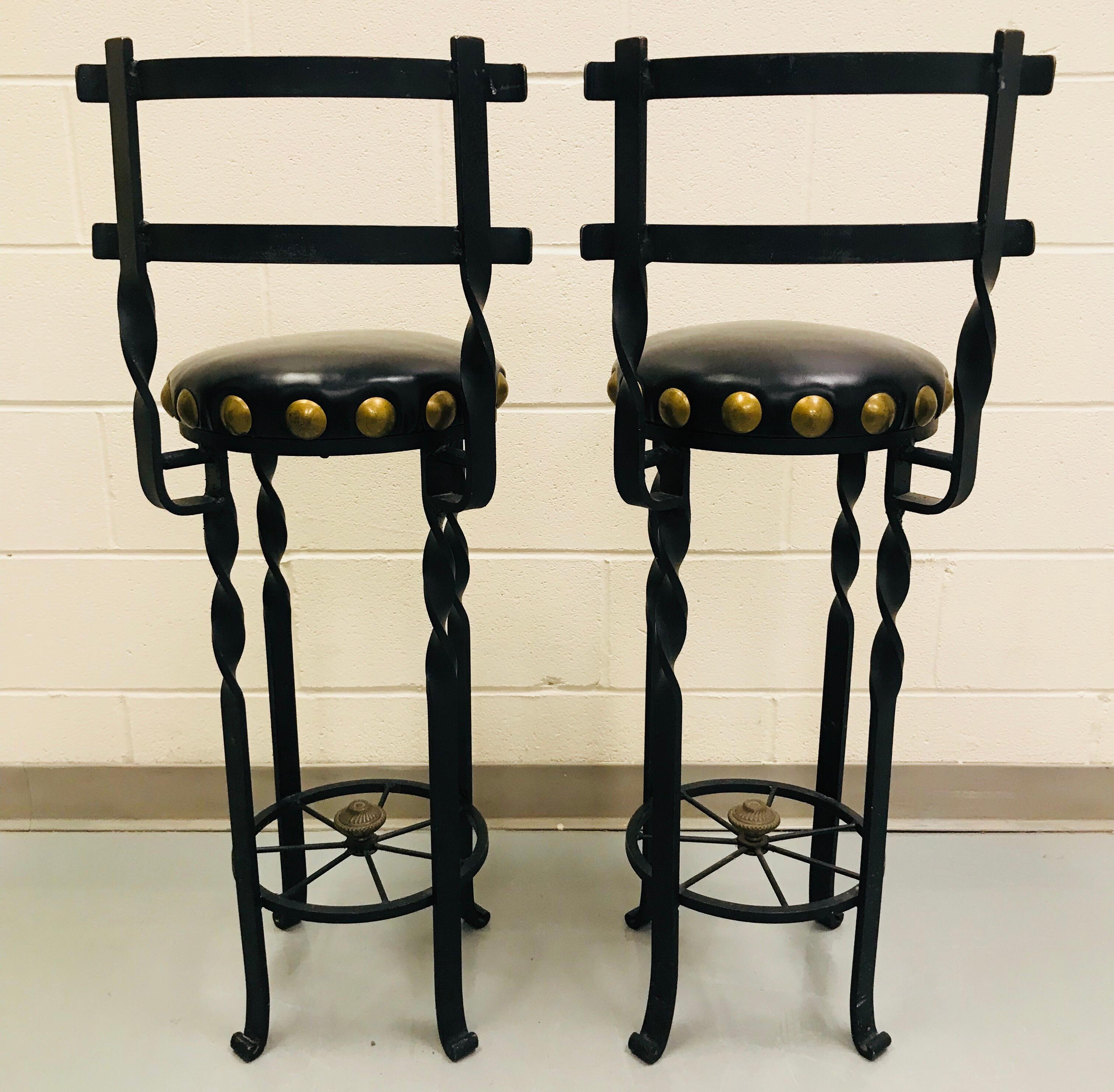 Late 20th Century Pair of Wrought Iron Bar or Counter Stools For Sale