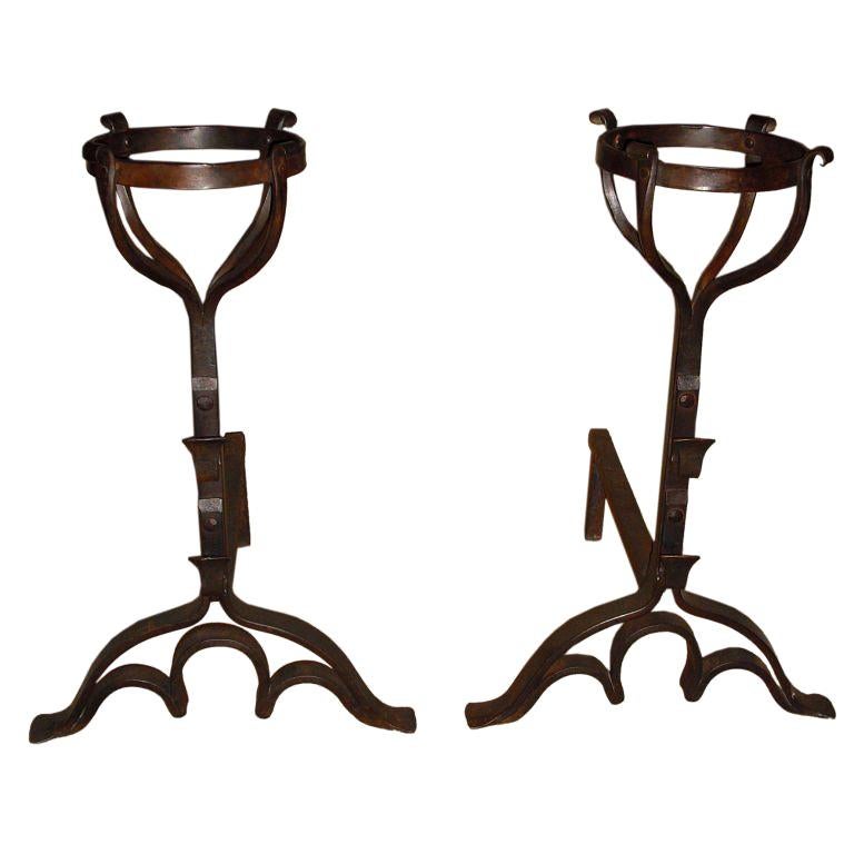 Pair of Wrought Iron Basket Top Andirons For Sale