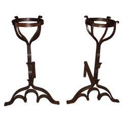 Pair of Wrought Iron Basket Top Andirons