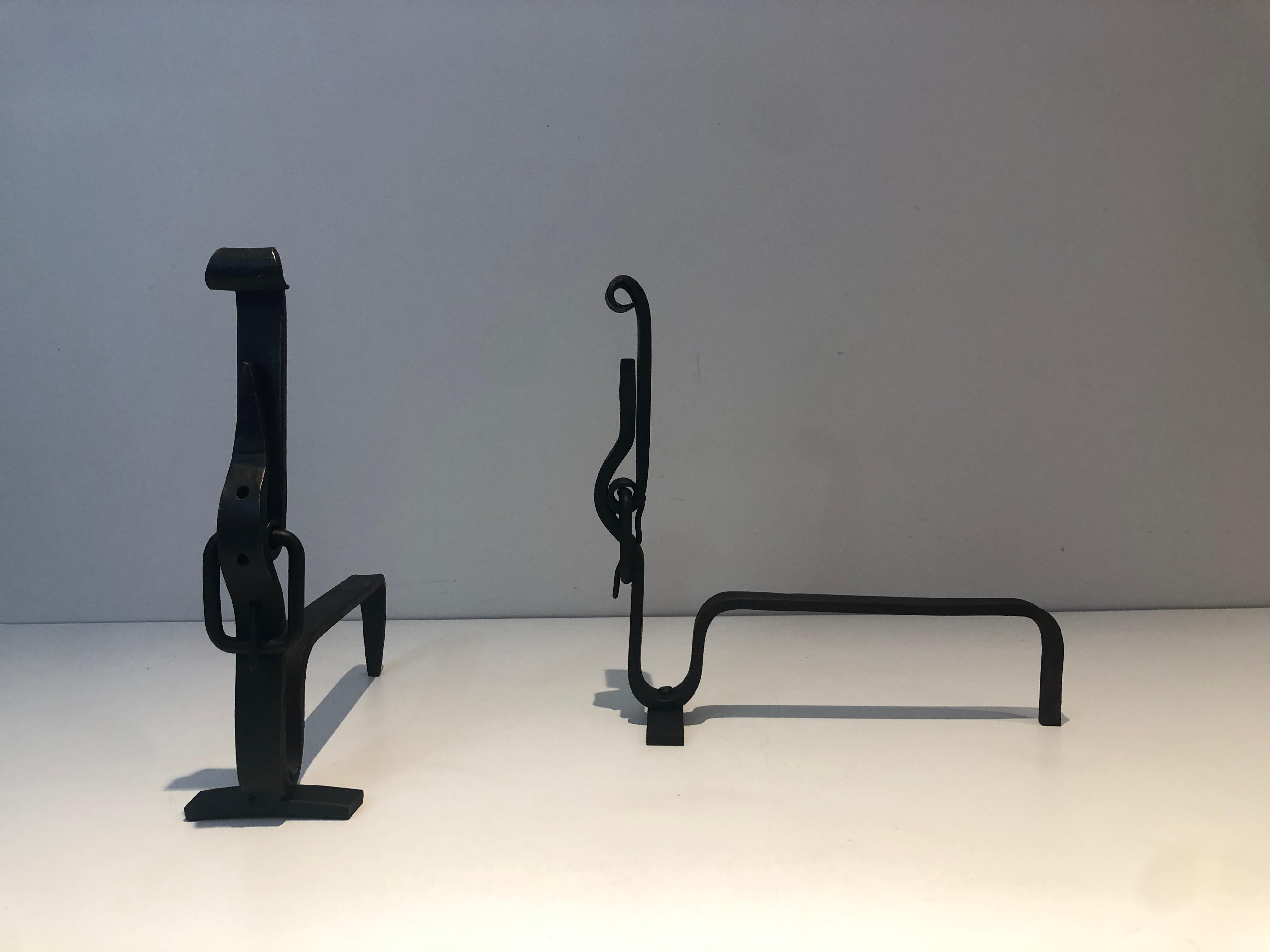 Pair of Wrought Iron Belt Andirons, French Work, circa 1950 For Sale 6