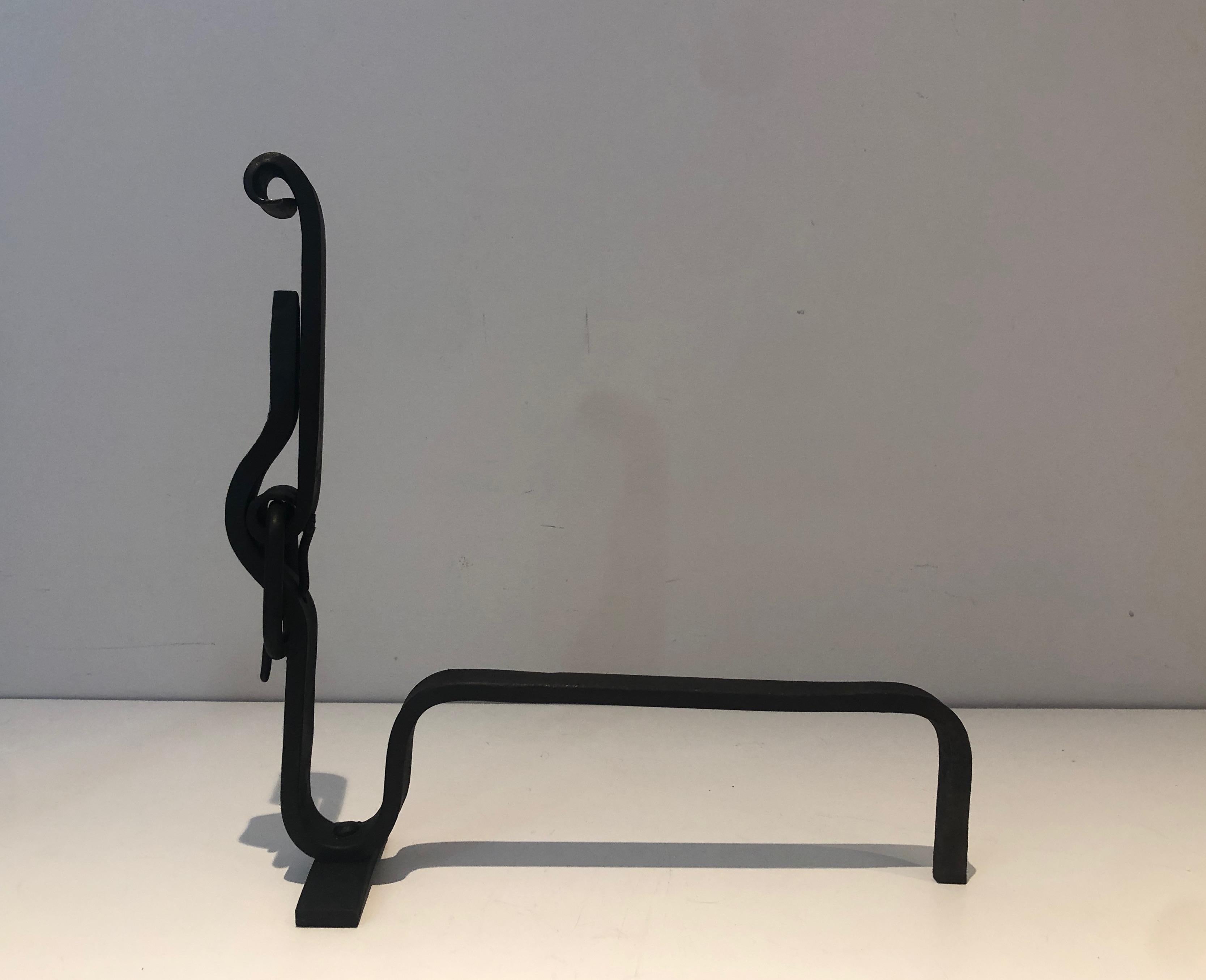 Pair of Wrought Iron Belt Andirons, French Work, circa 1950 For Sale 8