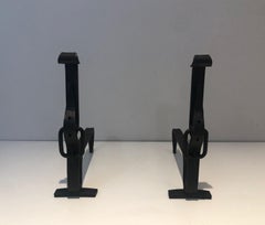 Pair of Wrought Iron Belt Andirons, French Work, circa 1950