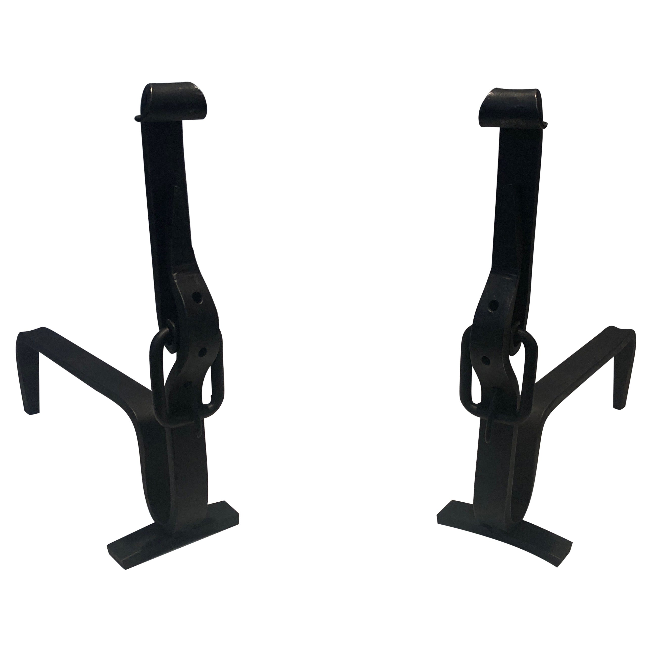 Pair of Wrought Iron Belt Andirons, French Work, circa 1950 For Sale
