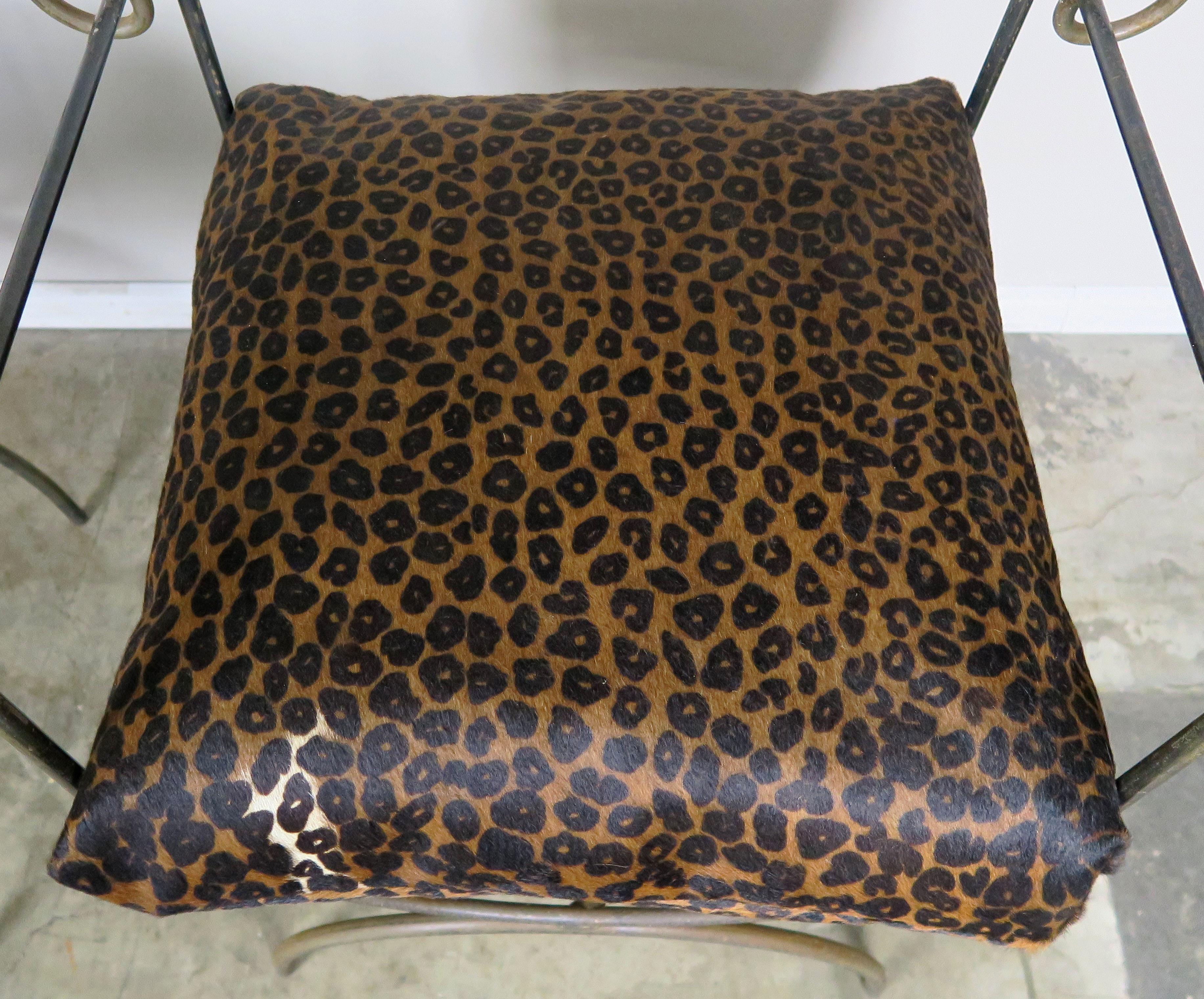 French Provincial Pair of Wrought Iron Benches with Leopard Style Cushions