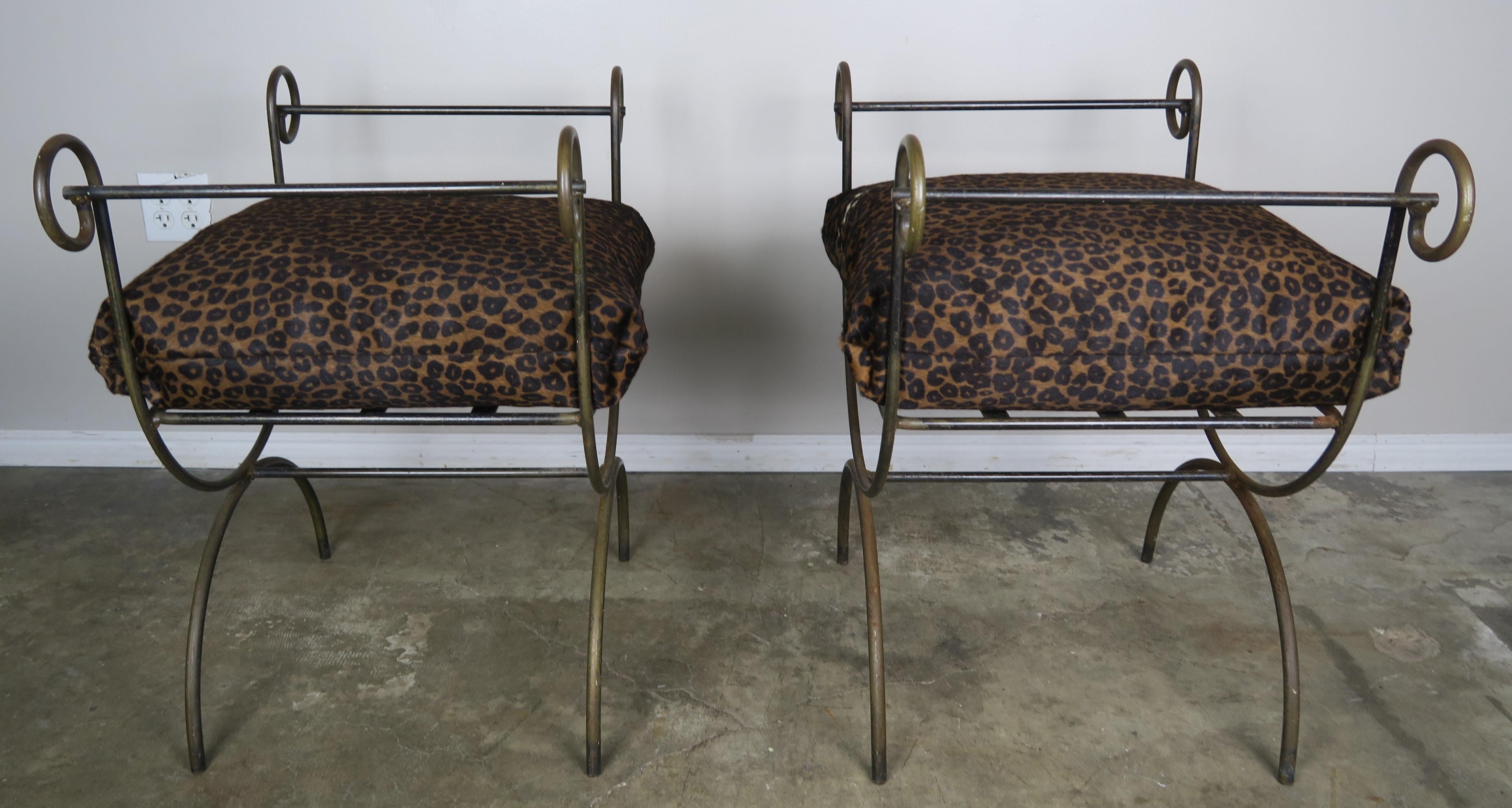French Pair of Wrought Iron Benches with Leopard Style Cushions
