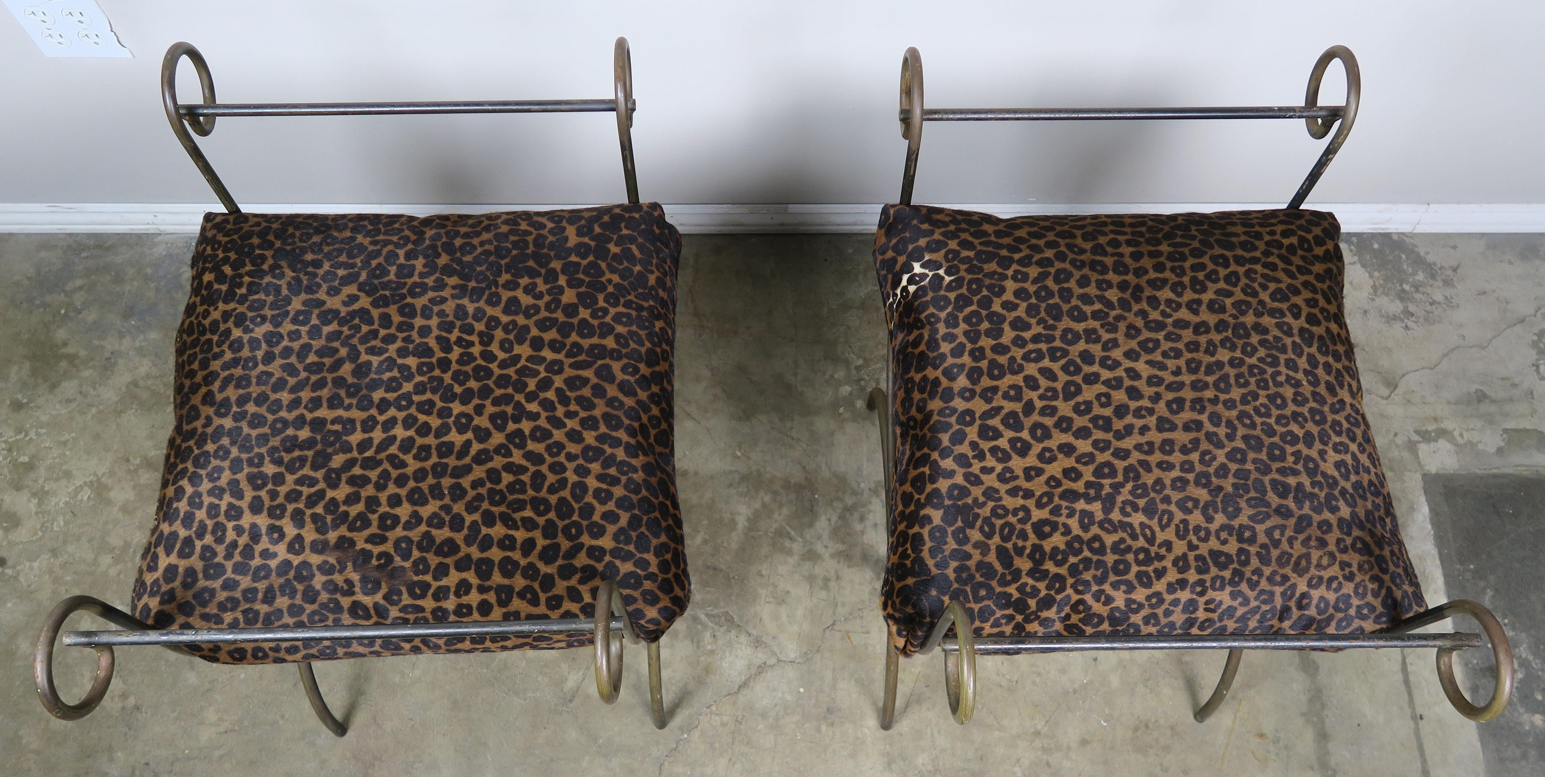 Cowhide Pair of Wrought Iron Benches with Leopard Style Cushions
