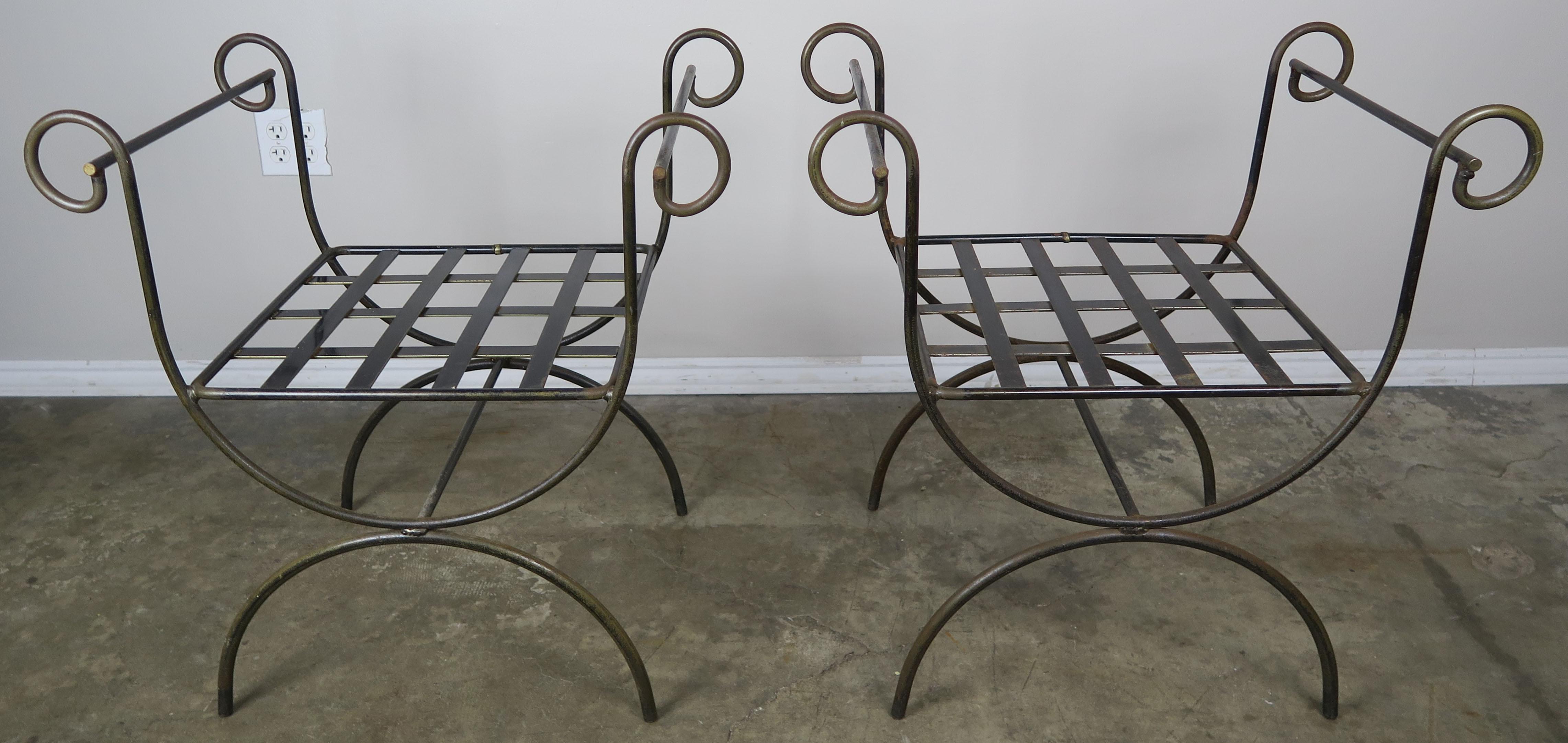 Pair of Wrought Iron Benches with Leopard Style Cushions 1