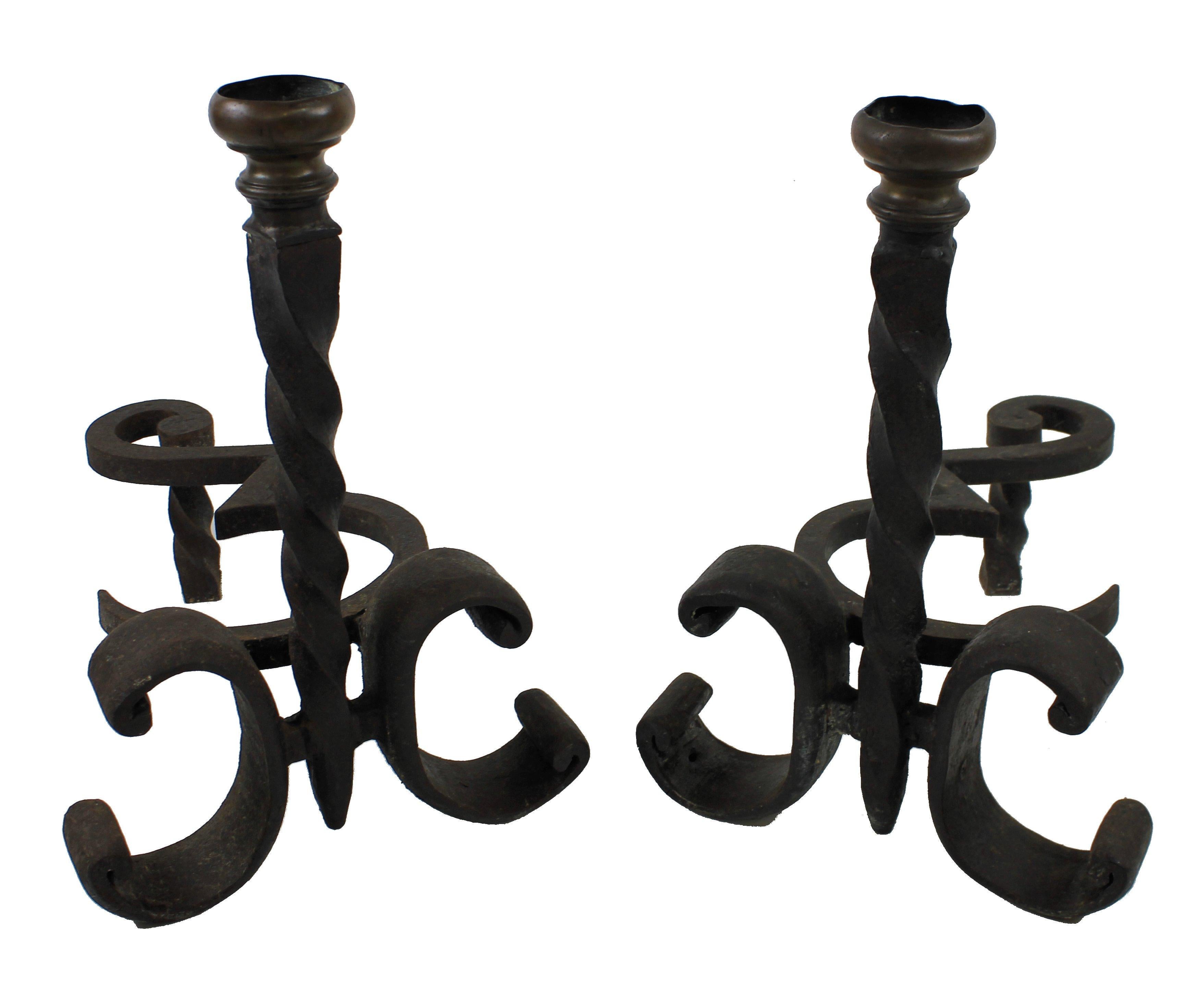 Pair of Wrought Iron and Brass Fire Dogs In Good Condition In London, GB