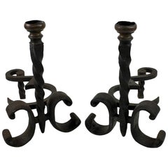 Pair of Wrought Iron and Brass Fire Dogs