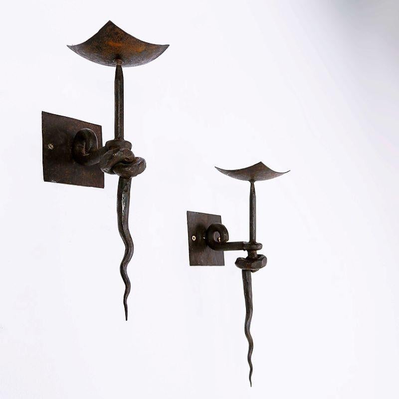 Pair of Wrought Iron Brutalist Candle Wall Sconces In Good Condition For Sale In Brussels , BE