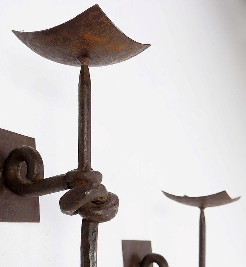 20th Century Pair of Wrought Iron Brutalist Candle Wall Sconces For Sale