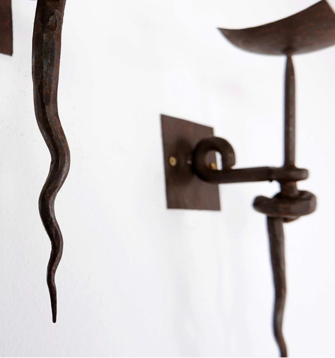 20th Century Pair of Wrought Iron Brutalist Candle Wall Sconces