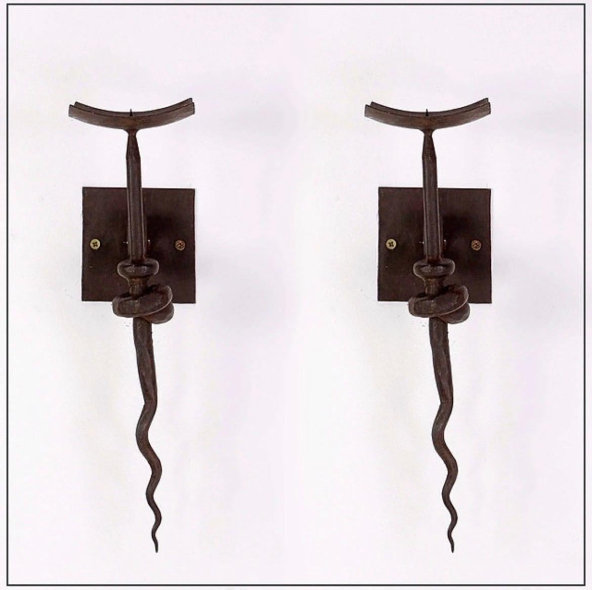 Pair of Wrought Iron Brutalist Candle Wall Sconces 2
