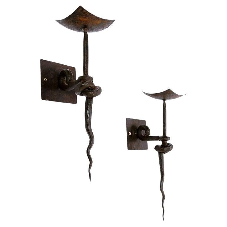 Pair of Wrought Iron Brutalist Candle Wall Sconces For Sale