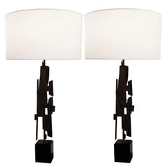 Vintage Pair of Wrought Iron Brutalist Style Mid-Century Modern Table Lamps, Evans Style