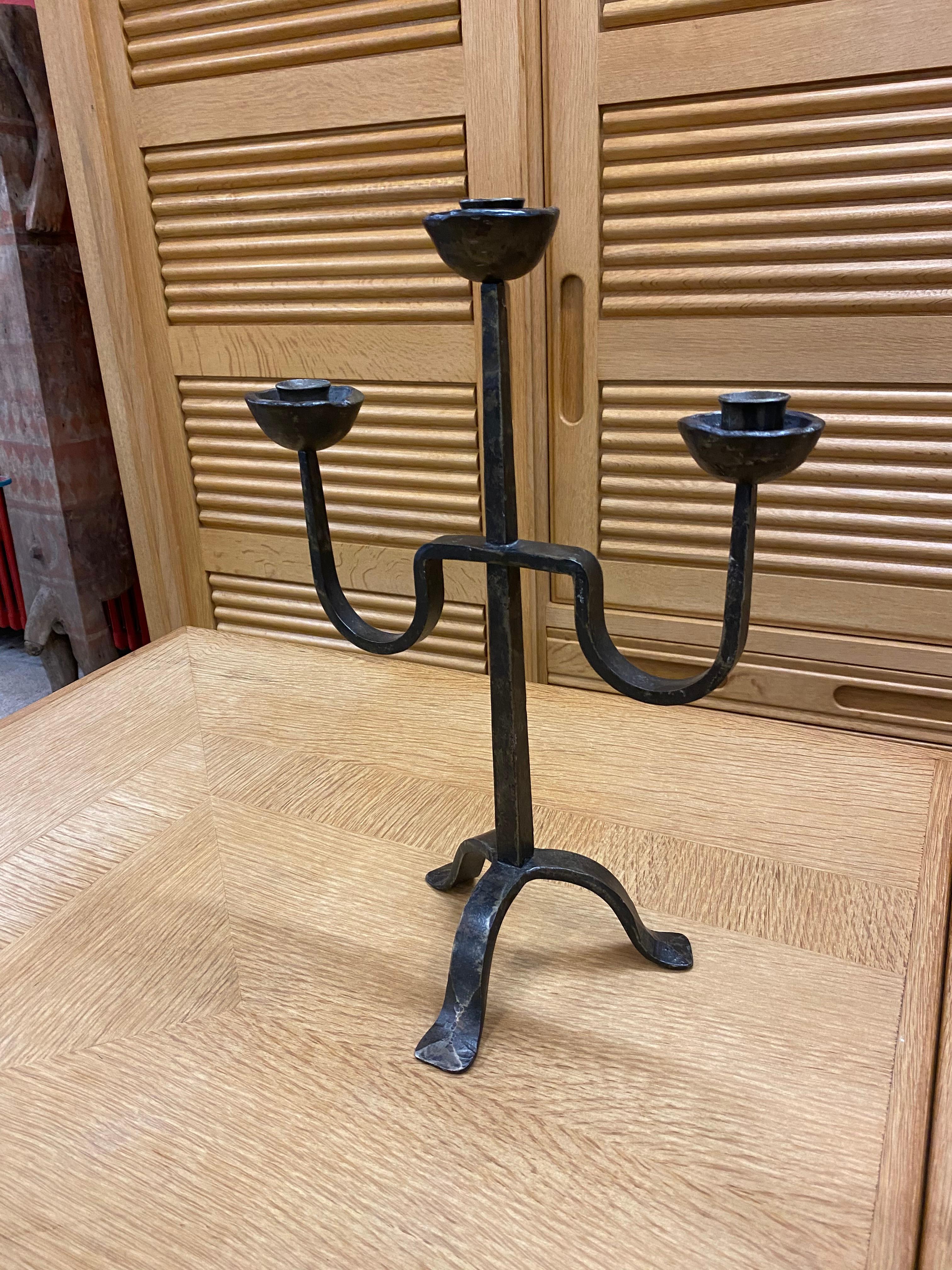 Mid-Century Modern Pair of Wrought Iron Candelabra, in the Style of the Artisans of Marolles