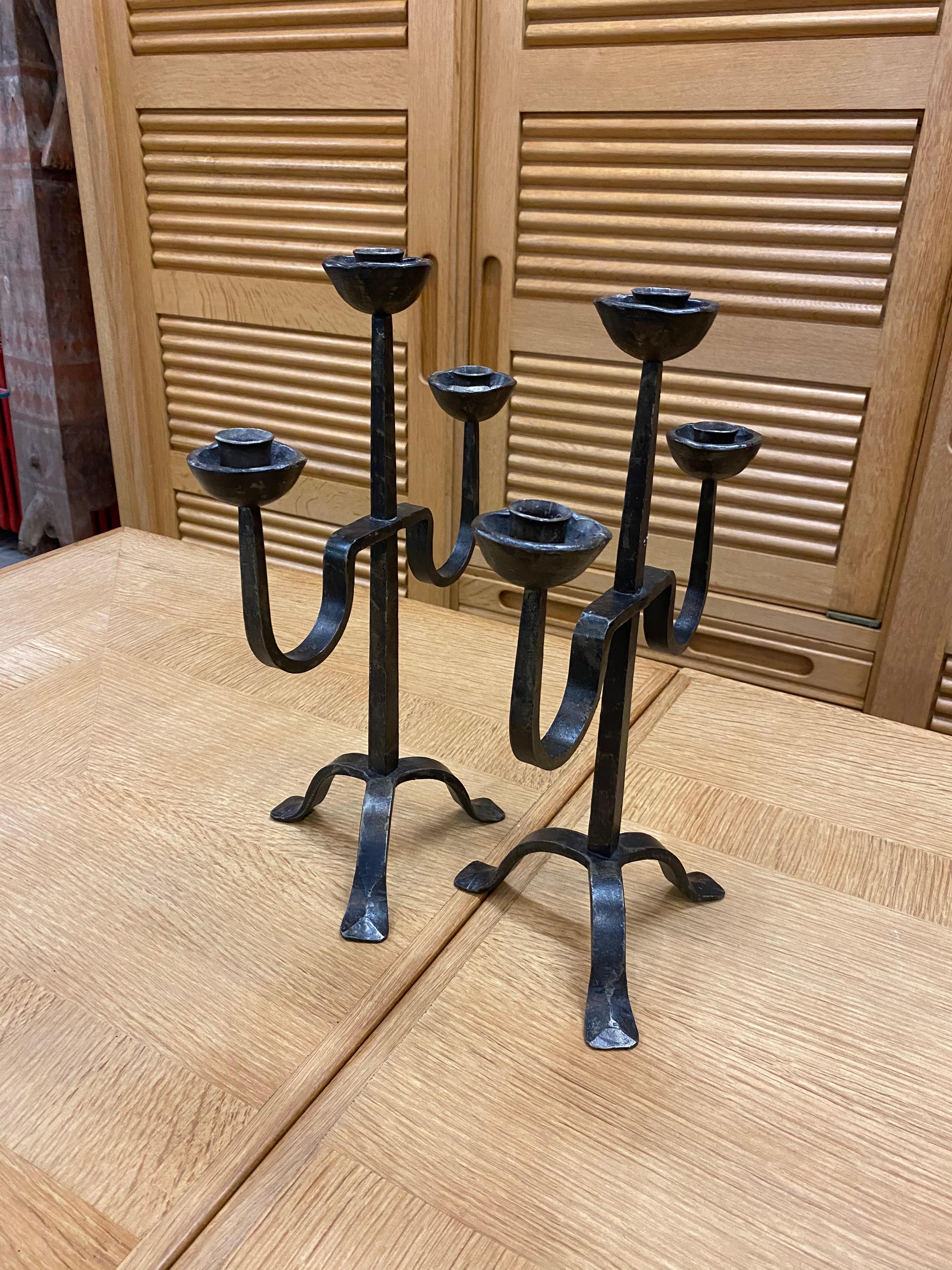 French Pair of Wrought Iron Candelabra, in the Style of the Artisans of Marolles