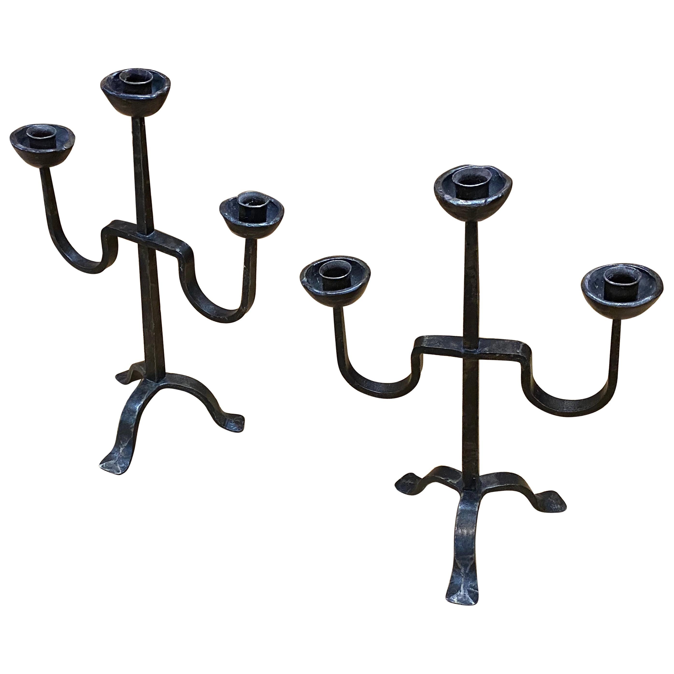 Pair of Wrought Iron Candelabra, in the Style of the Artisans of Marolles