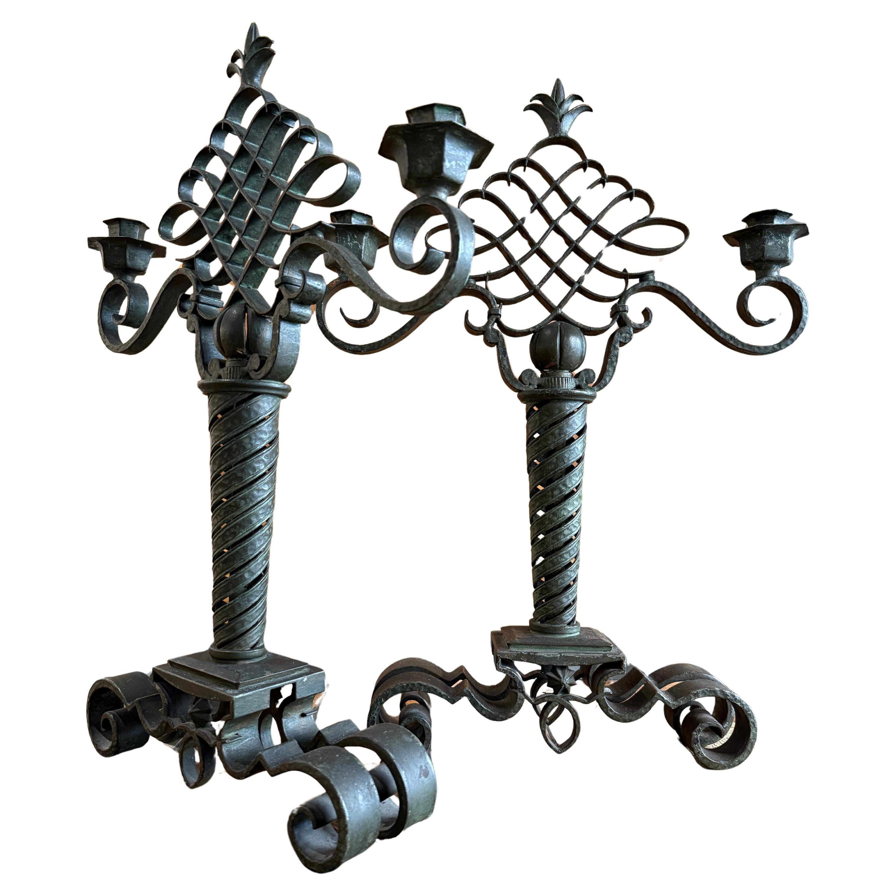 Pair of wrought iron candleholders stamped Bertinotti Italy 1940 For Sale