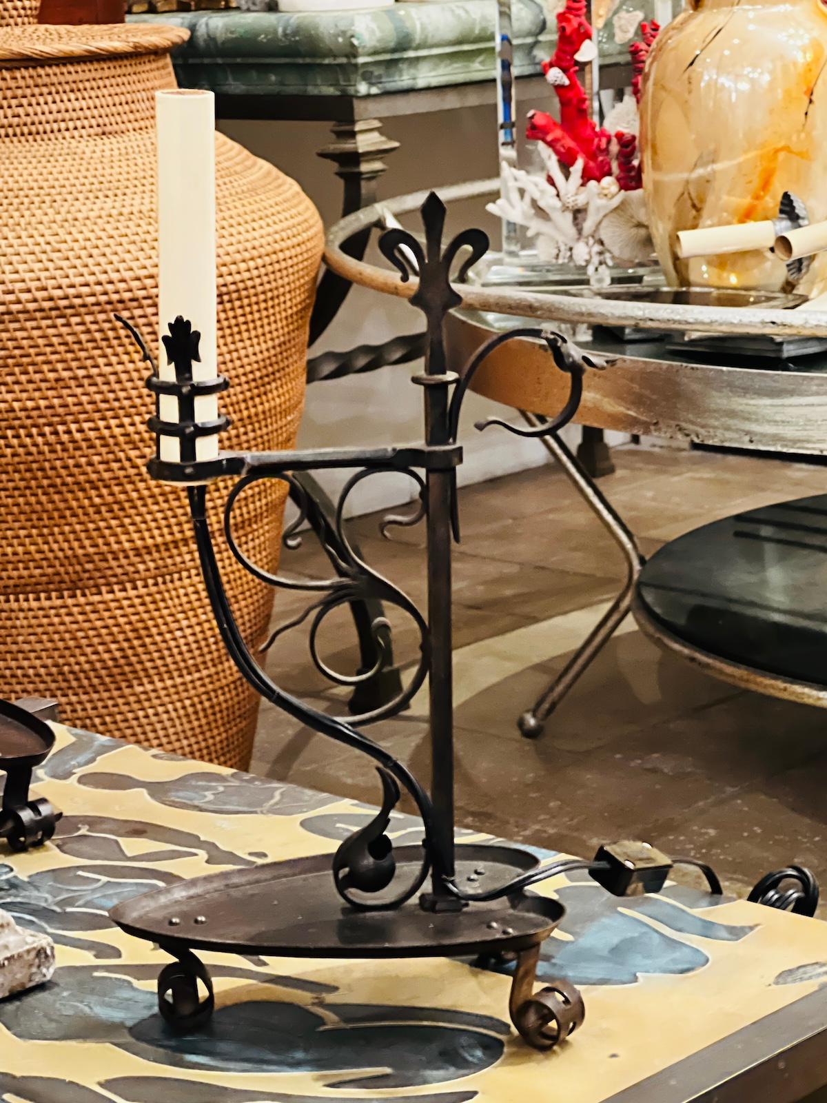 Pair of Wrought Iron Candlestick Lamps For Sale 1