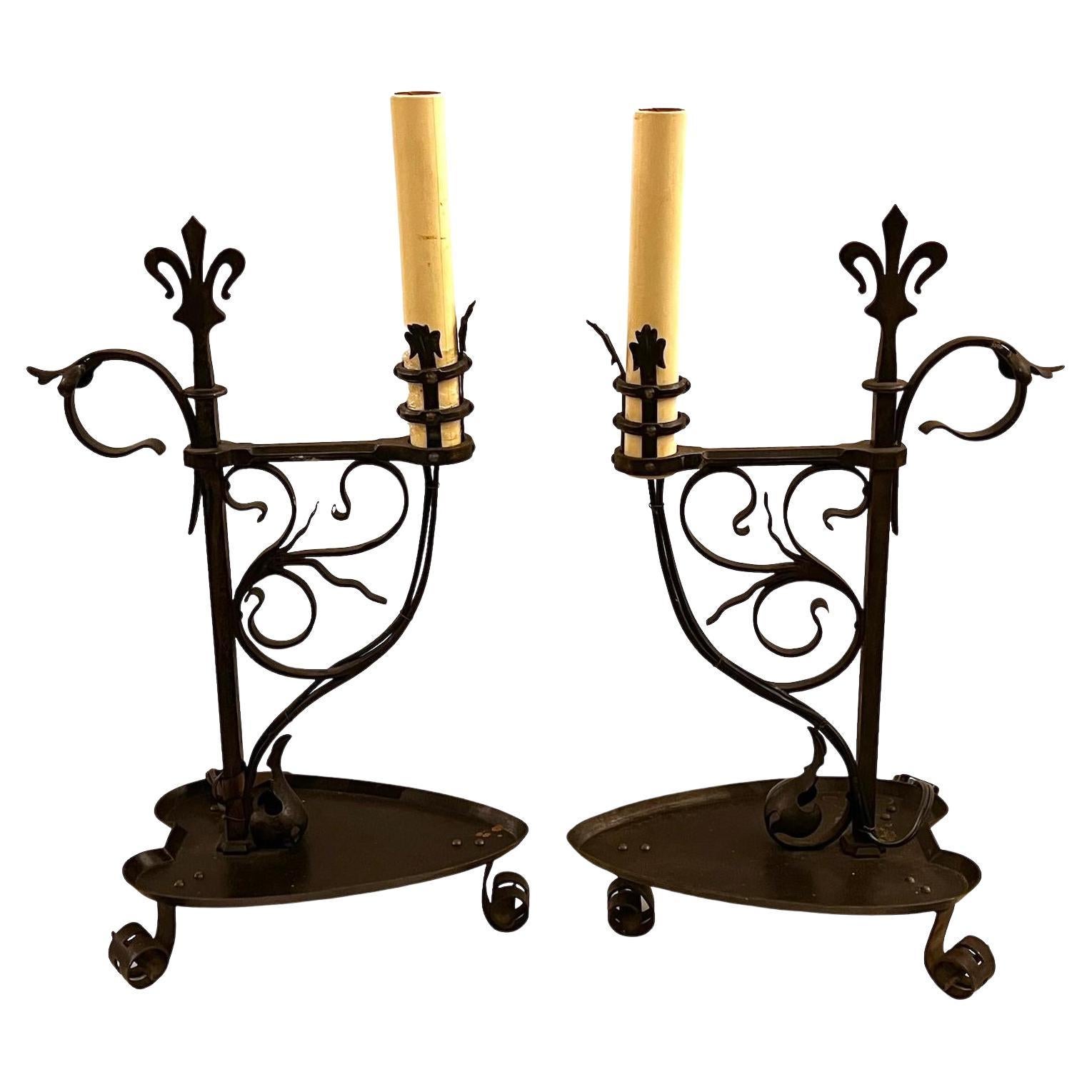 Pair of Wrought Iron Candlestick Lamps For Sale