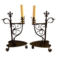 Antique Pair of Wrought Iron Candlestick Lamps