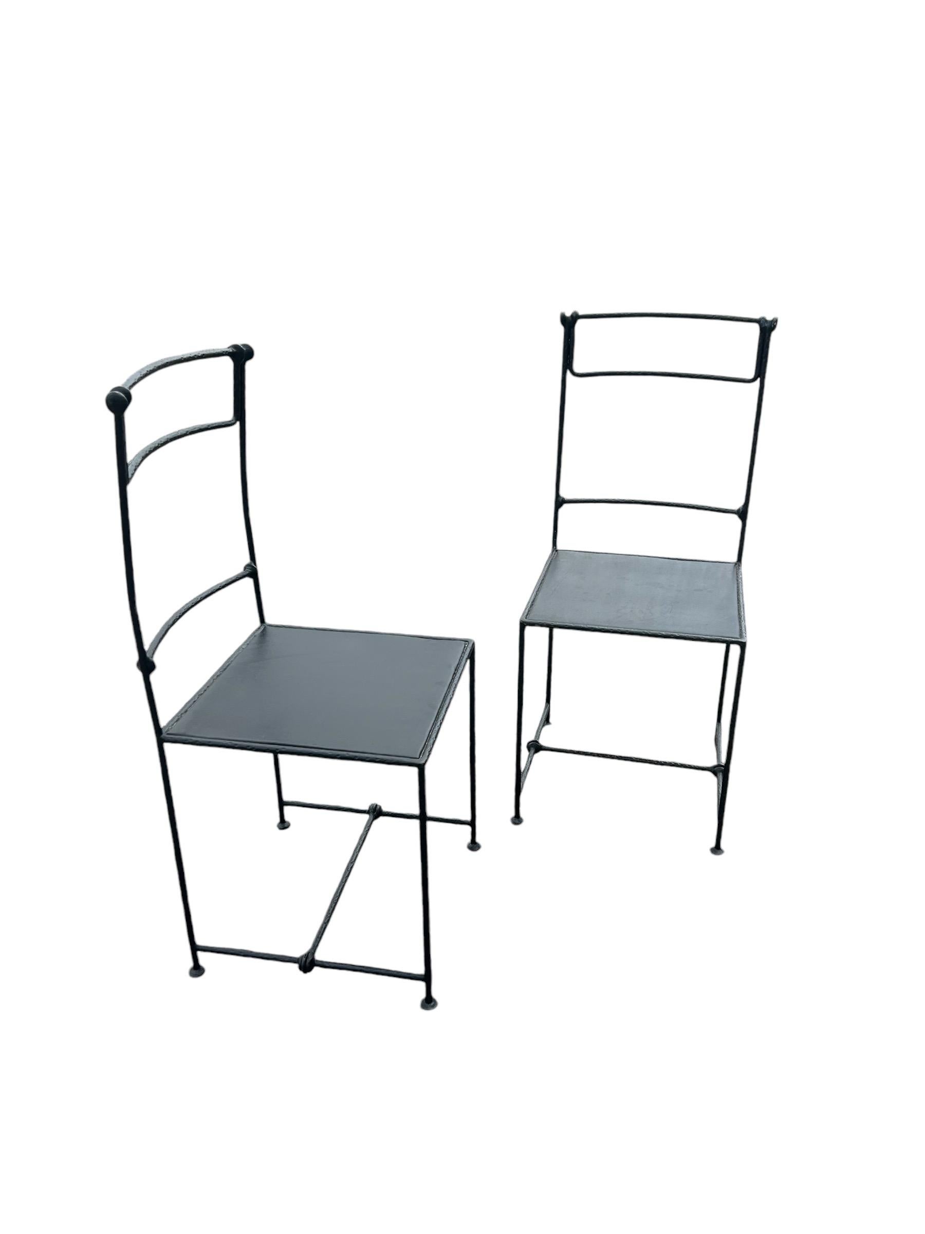 Pierre Basse , artisan blacksmith , was the ironmonger for Diego Giacometti and creates objects and furniture from wrought iron.
He worked as well with Garouste & Bonetti as well.
This rare pair of chairs was produced at the end of the 1980's /