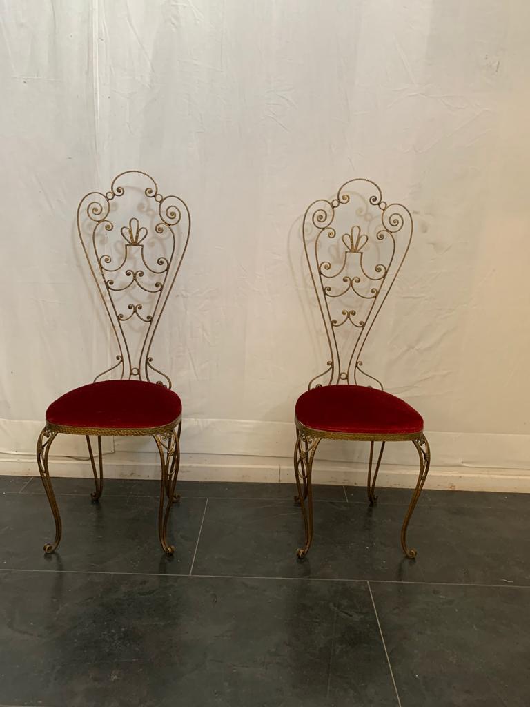 Mid-Century Wrought Iron & Gilded High Back Dining Chairs, 1950s, Set of 2.