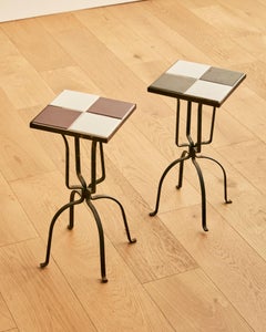 Pair of Wrought Iron Checkered Tile Side Tables