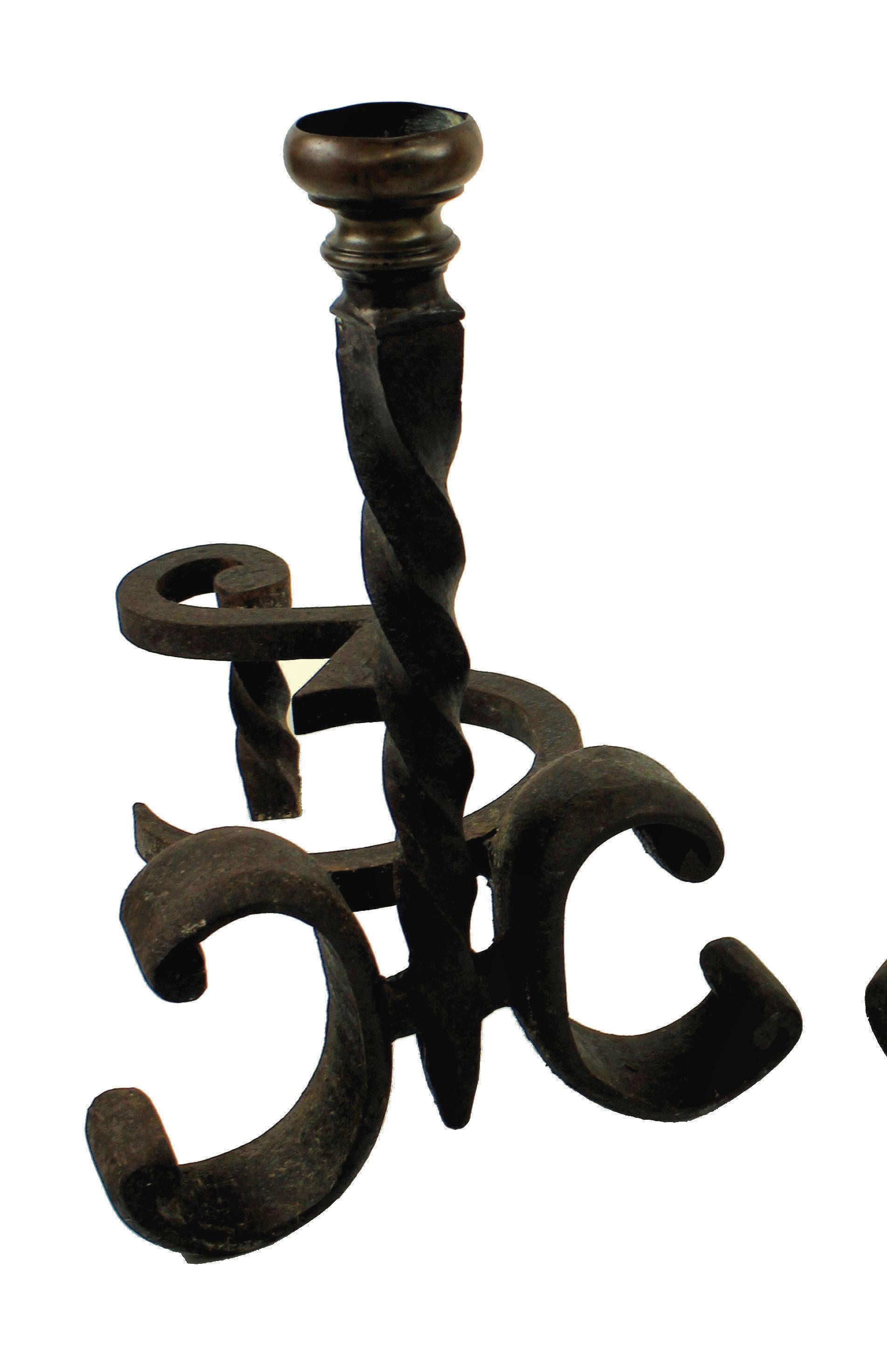 French Pair of Wrought Iron Chenet, circa 1900 For Sale