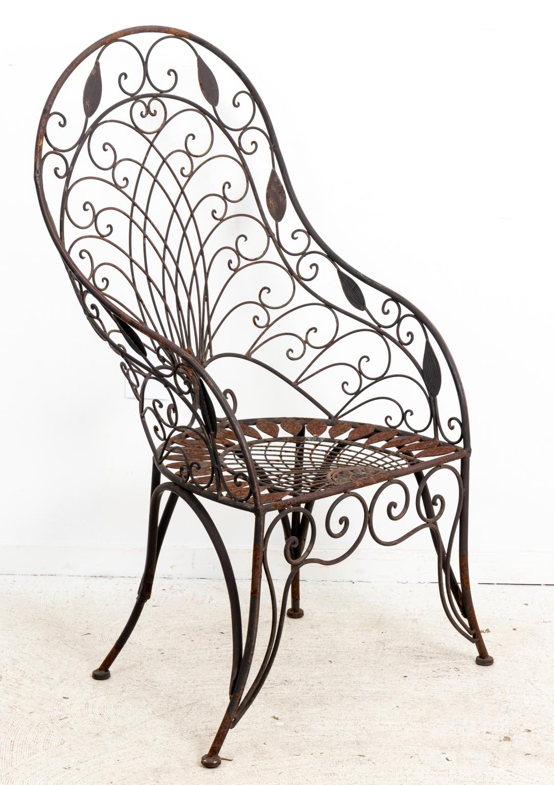 Pair of Wrought Iron Curved Back Garden Chairs with Scrollwork 1