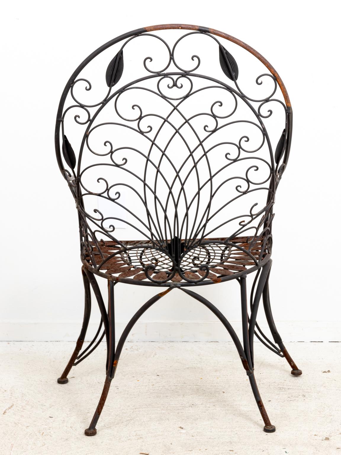 Pair of Wrought Iron Curved Back Garden Chairs with Scrollwork 3