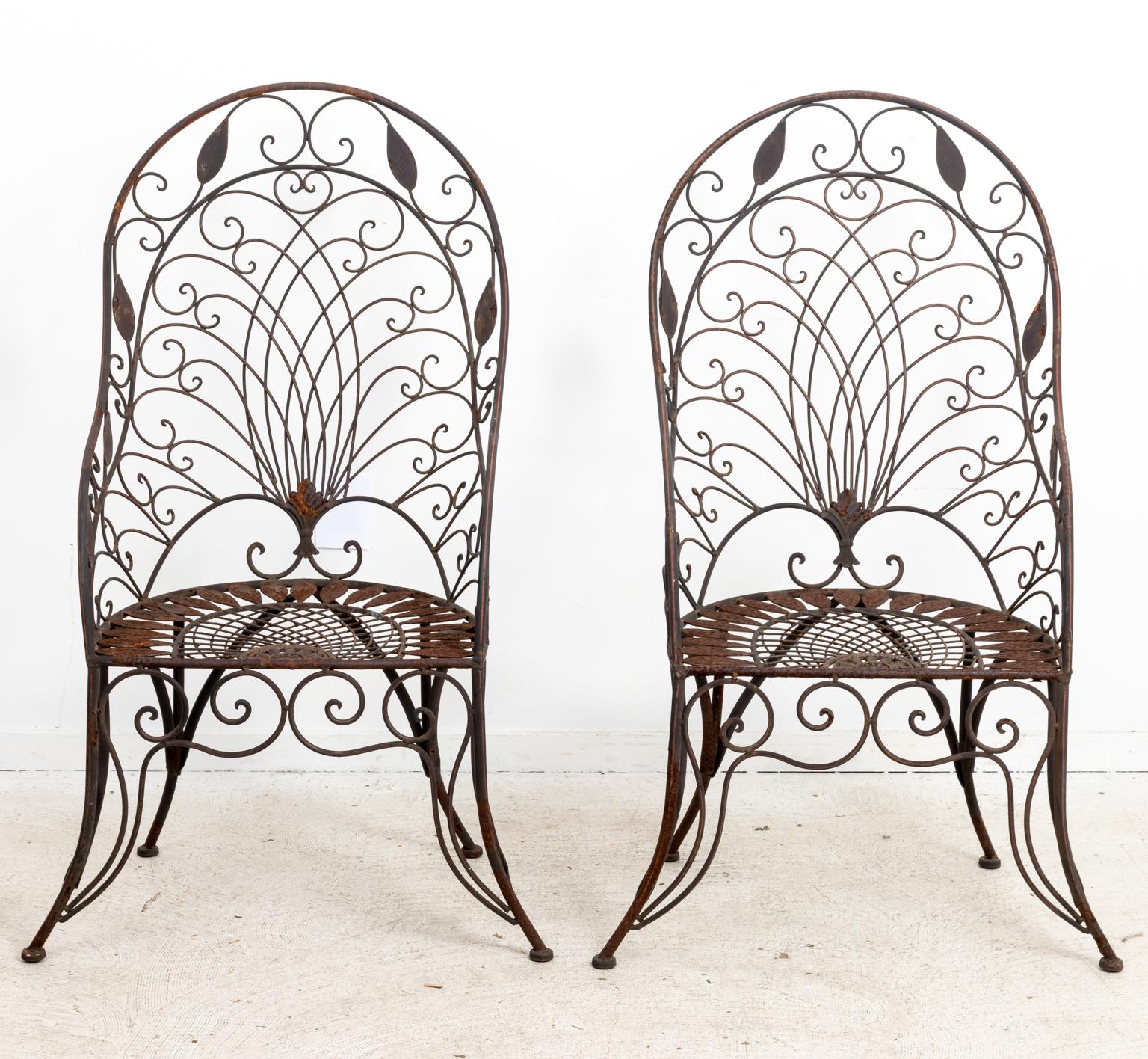 Pair of Wrought Iron Curved Back Garden Chairs with Scrollwork 4