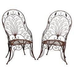 Vintage Pair of Wrought Iron Curved Back Garden Chairs with Scrollwork