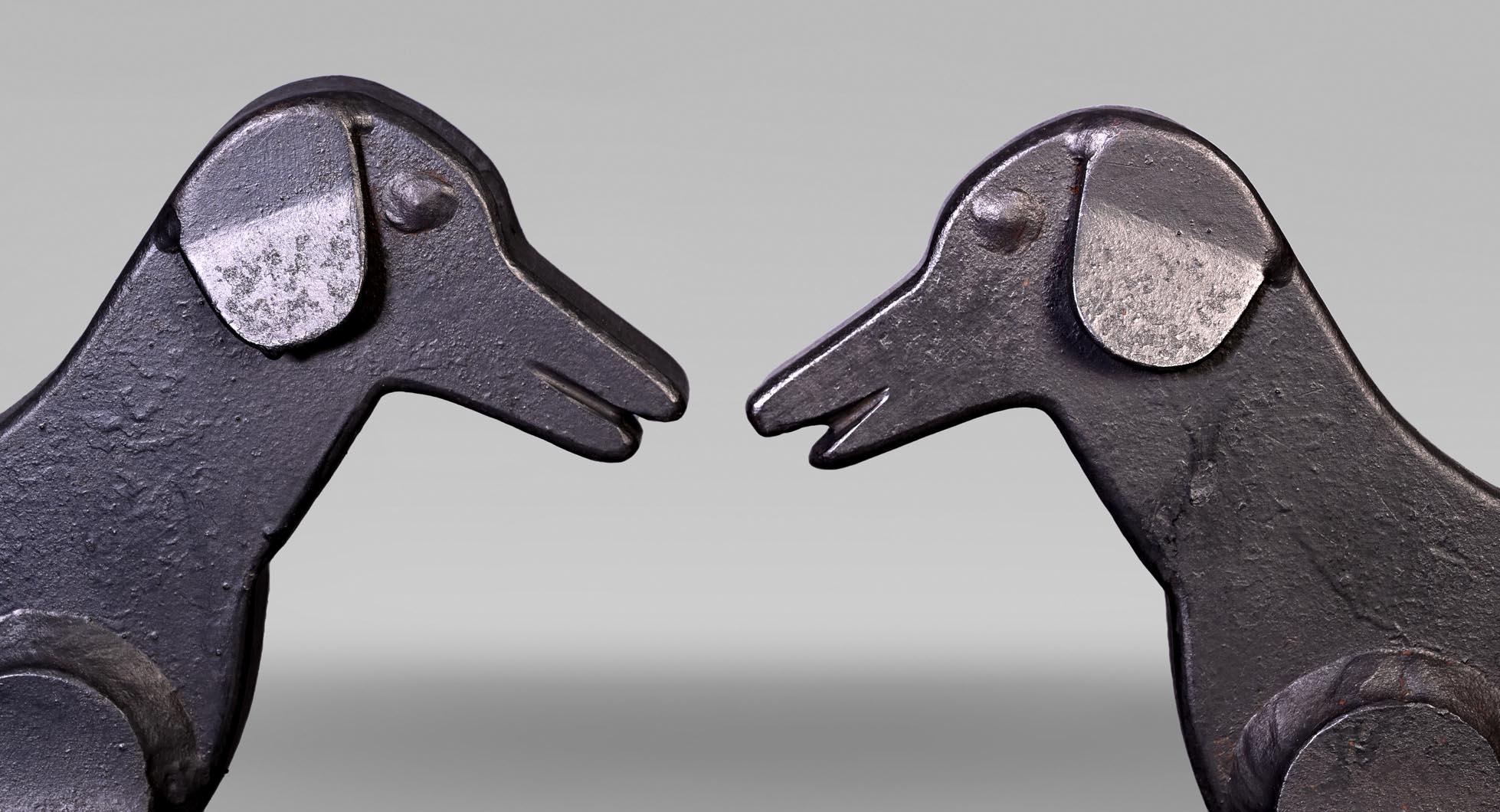 French Pair of Wrought Iron Dachshund Andirons For Sale