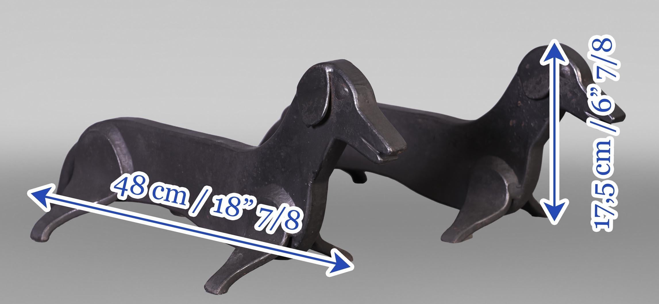 20th Century Pair of Wrought Iron Dachshund Andirons For Sale