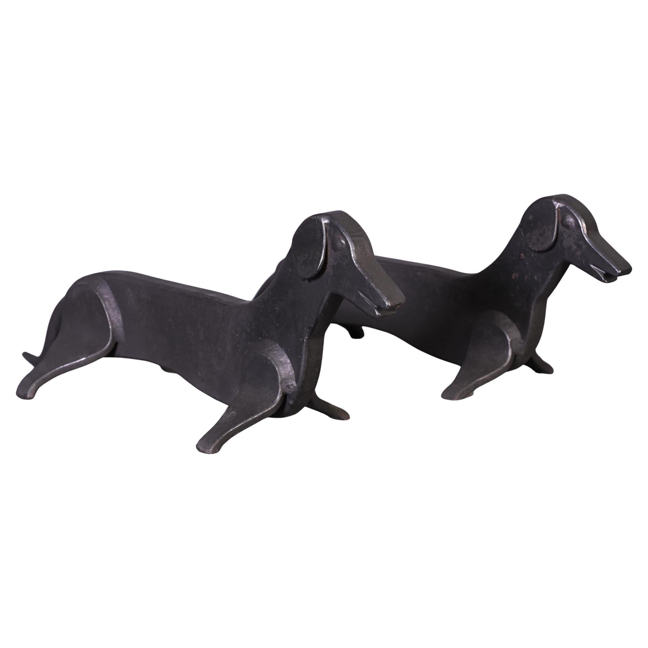 Pair of Wrought Iron Dachshund Andirons For Sale