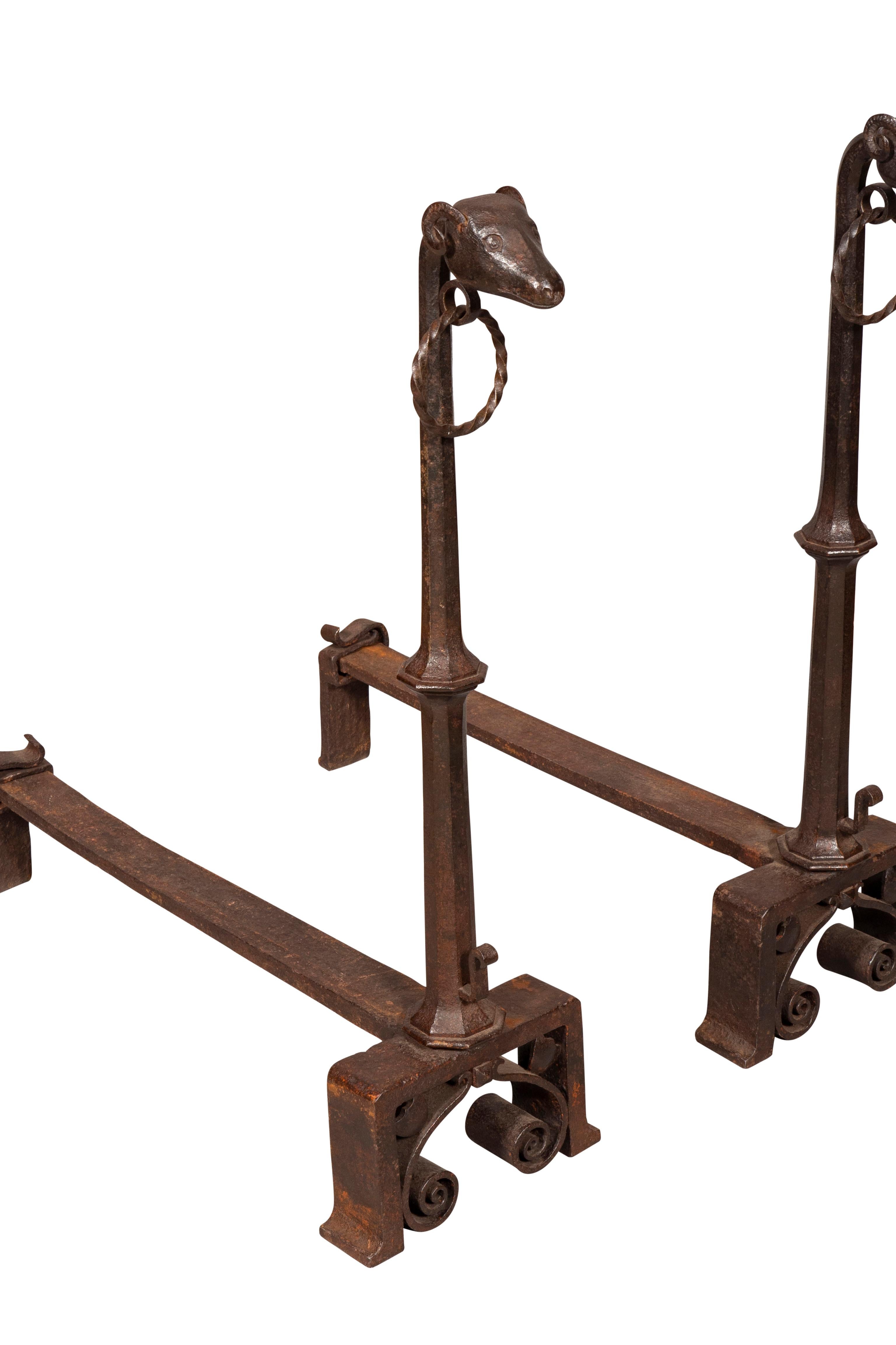 Pair of Wrought Iron Dog Head Andirons For Sale 4