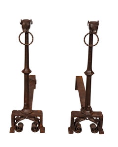 Pair of Wrought Iron Dog Head Andirons