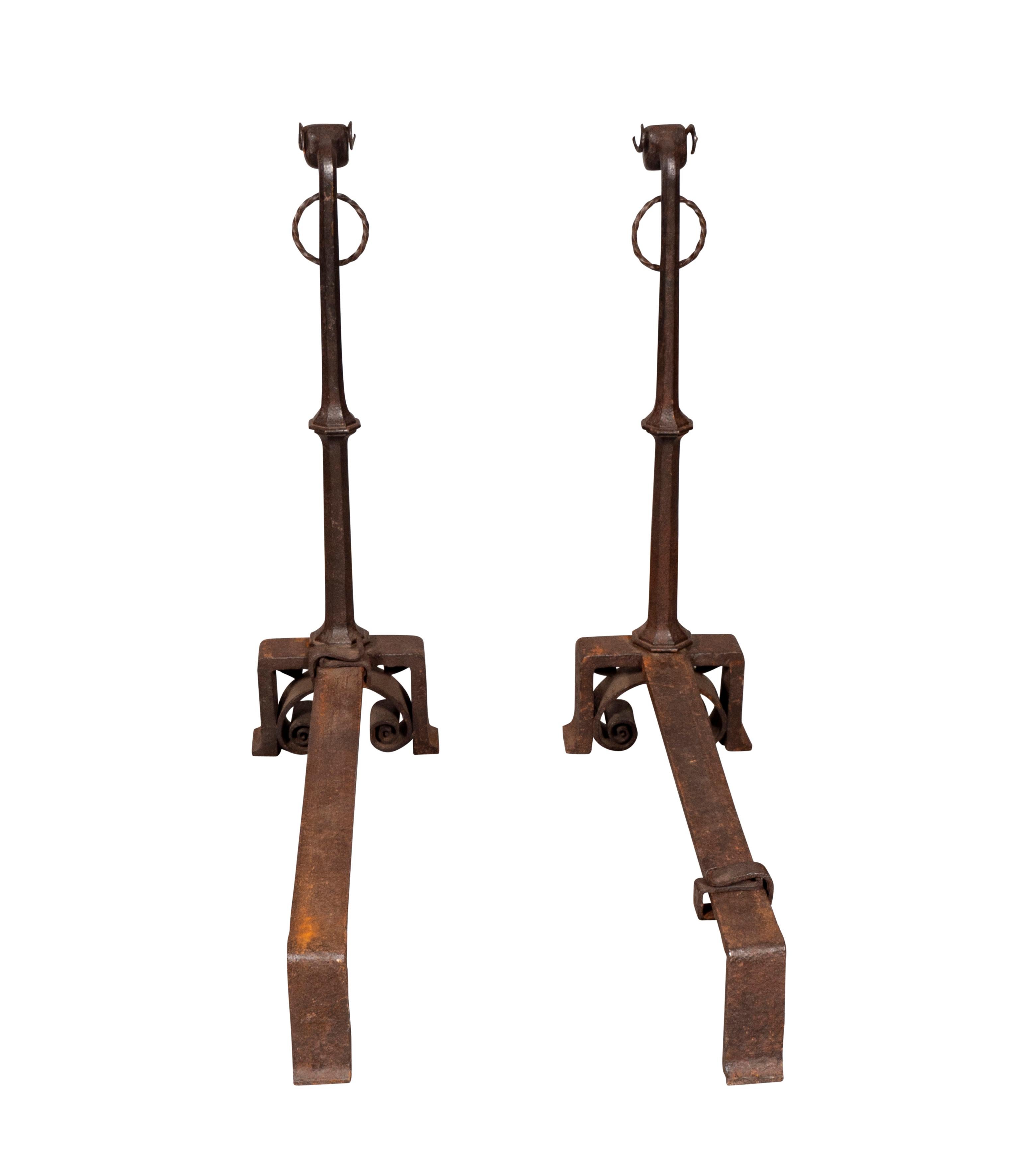 American Pair of Wrought Iron Dog Head Andirons For Sale