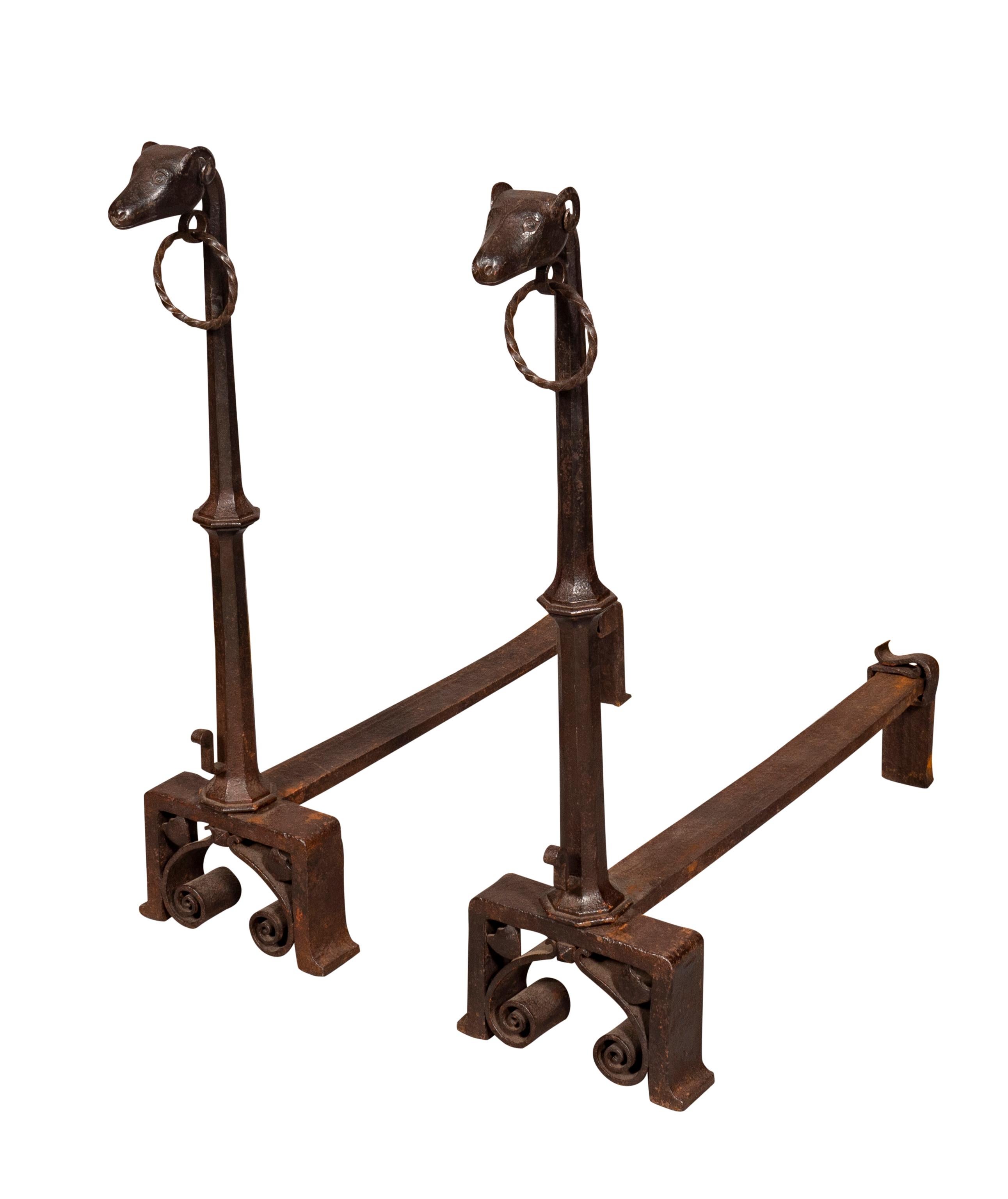 19th Century Pair of Wrought Iron Dog Head Andirons For Sale